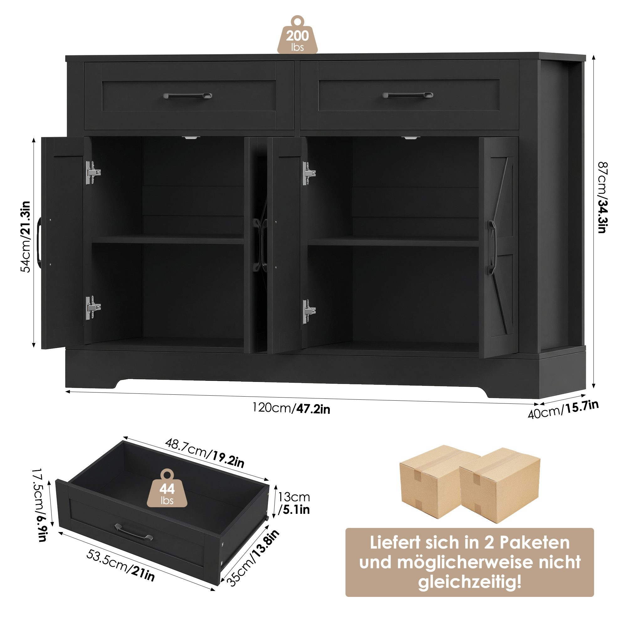 HOMECHO Buffet 120cm Küchenschrank mit 2 Schubladen 4 Türen