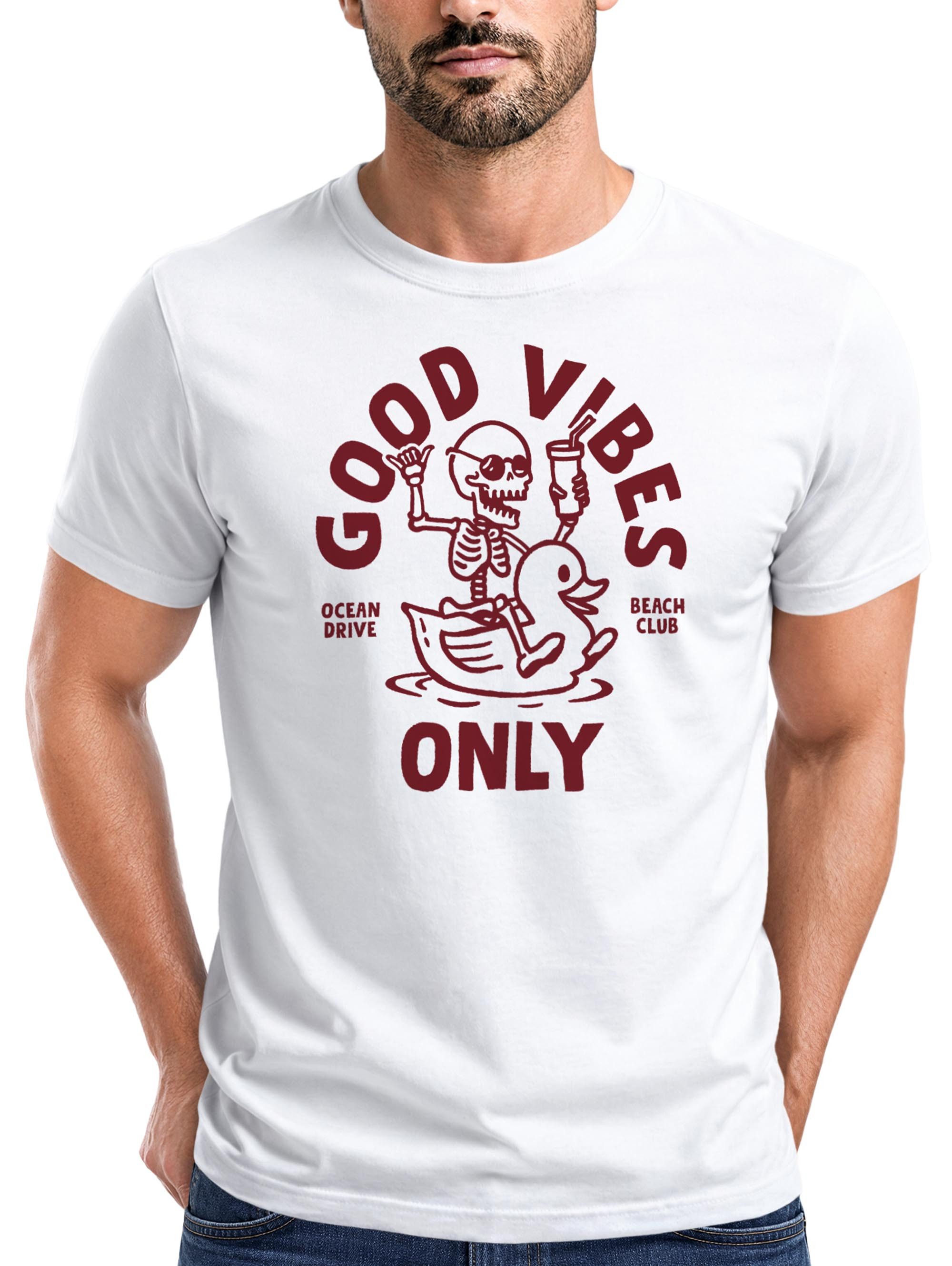 Print-Shirt Herren T-Shirt Printshirt Spruch Good Vibes Only Skelett-Motiv Sommer