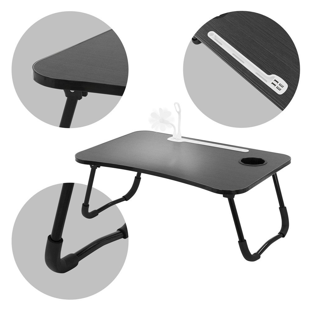 ML-DESIGN Laptoptisch Betttisch klappbar mit 4 USB Ladeanschluss für Bett/Sofa (1-St), Notebook Tisch Schwarz mit Getränkehalter und USB-Lampe 60x40x25cm