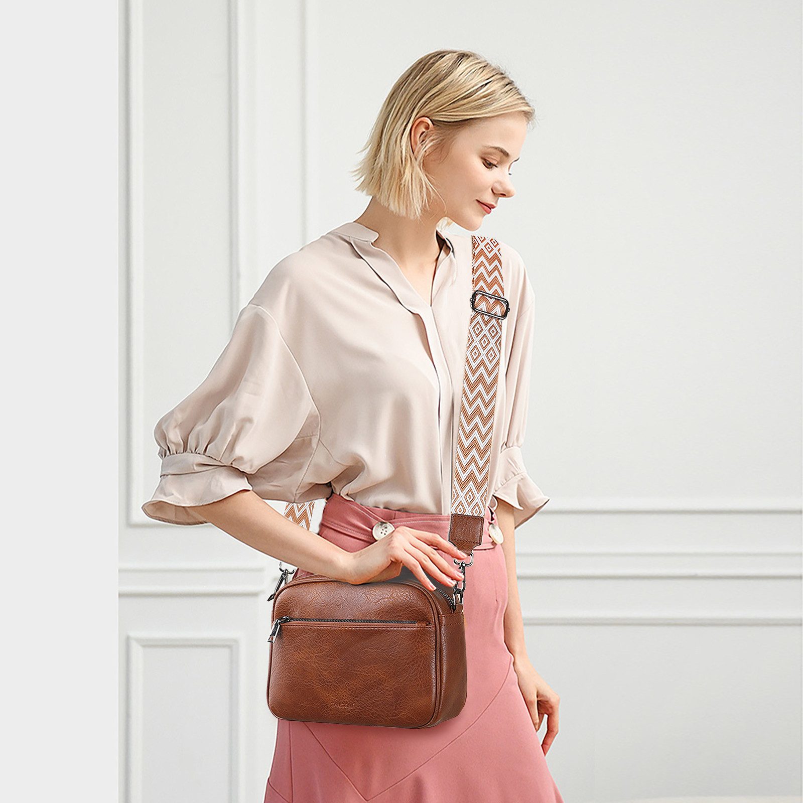 TAN.TOMI Umhängetasche Damen Handy Schultertasche, Kunstleder Crossbody Umhängetasche (Drei Reißverschlussfächern mit Verstellbar Abnehmbar Schultergurt), Breit – Bild 2 von 5