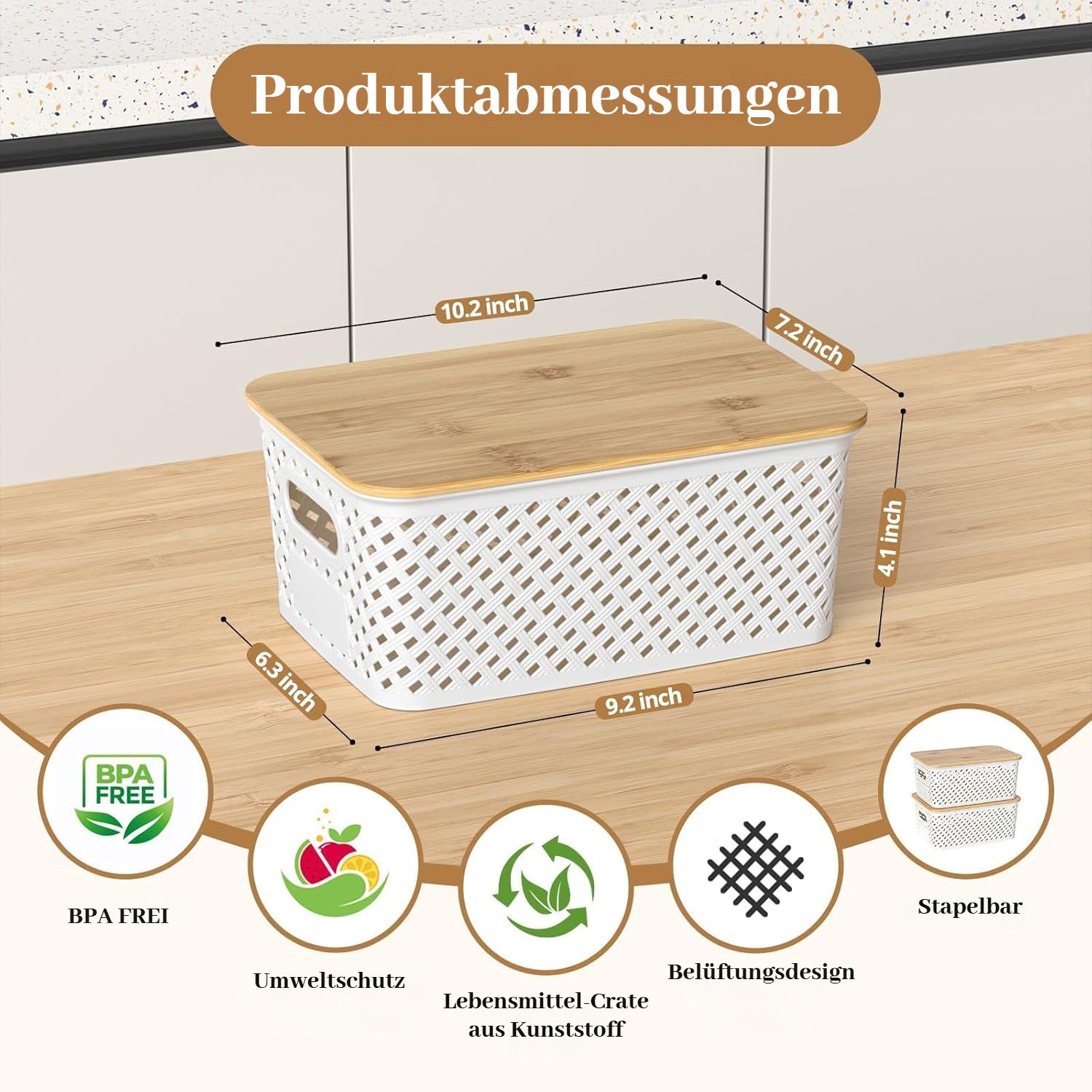 BlingBin Aufbewahrungsbox 6er-Set Aufbewahrungskorb mit Bambus Deckel, 5L Kunststoff Korb (6er Set, 6 St., 25,4 × 18,4 × 10,7 cm), Küchen Aufbewahrungsboxen für Regale, Schränke, Schränke und Zuhause