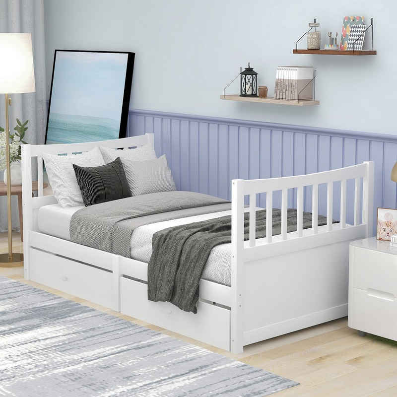 BlingBin Einzelbett Kinderbett Jugendbett mit beide Schubladen 90×200CM weiß (Kiefer massiv Gästebett), Gesamtabmessungen: 207L x 97W x 90H(cm)