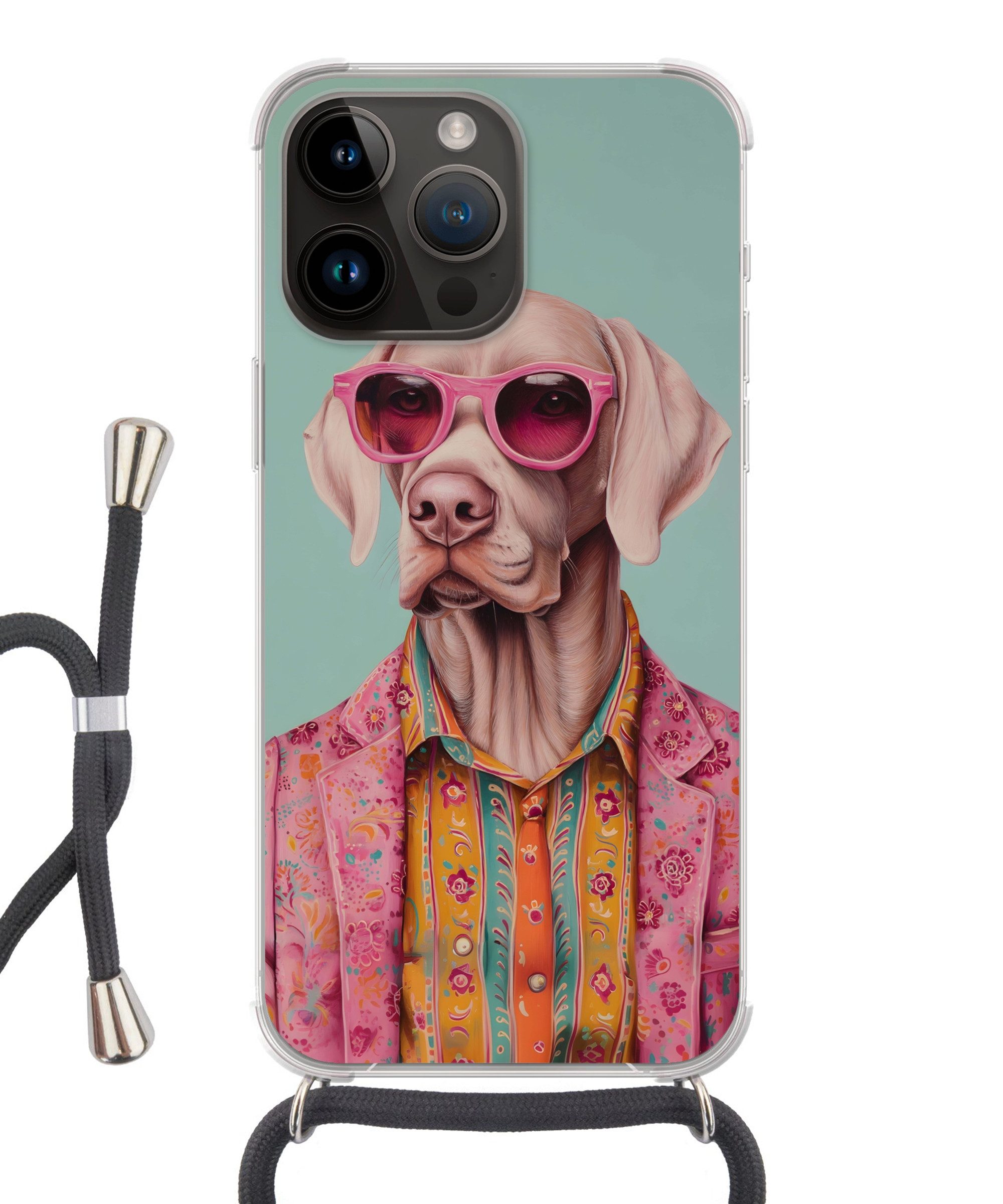 MuchoWow Handyhülle für Apple iPhone 14 Pro Hund - Hemd - Blumen - Brille, Tragbare Handyhüllen mit Kette zum umhängen, Handykette Handyband