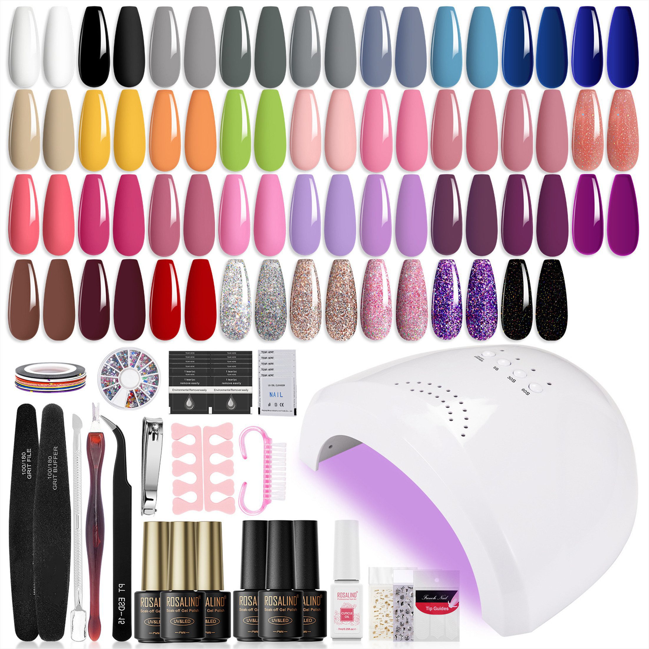 KINSI Lichthärtungsgerät 35 Farben Gel Nagellack Set + UV/LED Lampe – Komplettes Nailart Kit, mit Aufkleber,Sticker & Nailart Pen – Inkl. Base Coat,Top Coat