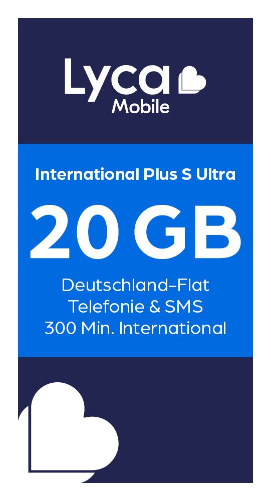 Lyca Mobile International Plus S Ultra 4G/5G Prepaid Simkarte EU Roaming Prepaidkarte, (Deutschland-Flat plus 300 internationale Minuten in 100 Länder)