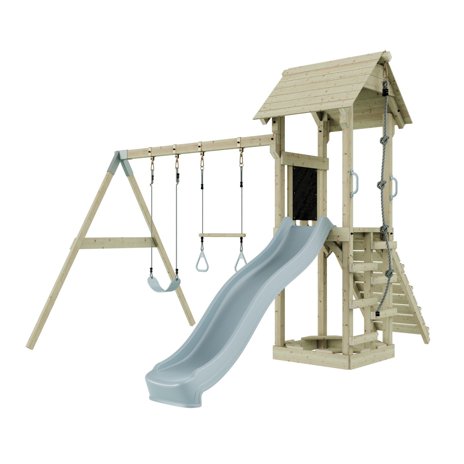 OutdoorToys Spielturm Vimmerby, aus Holz in Eisblau mit Trapezstange & Rutsche
