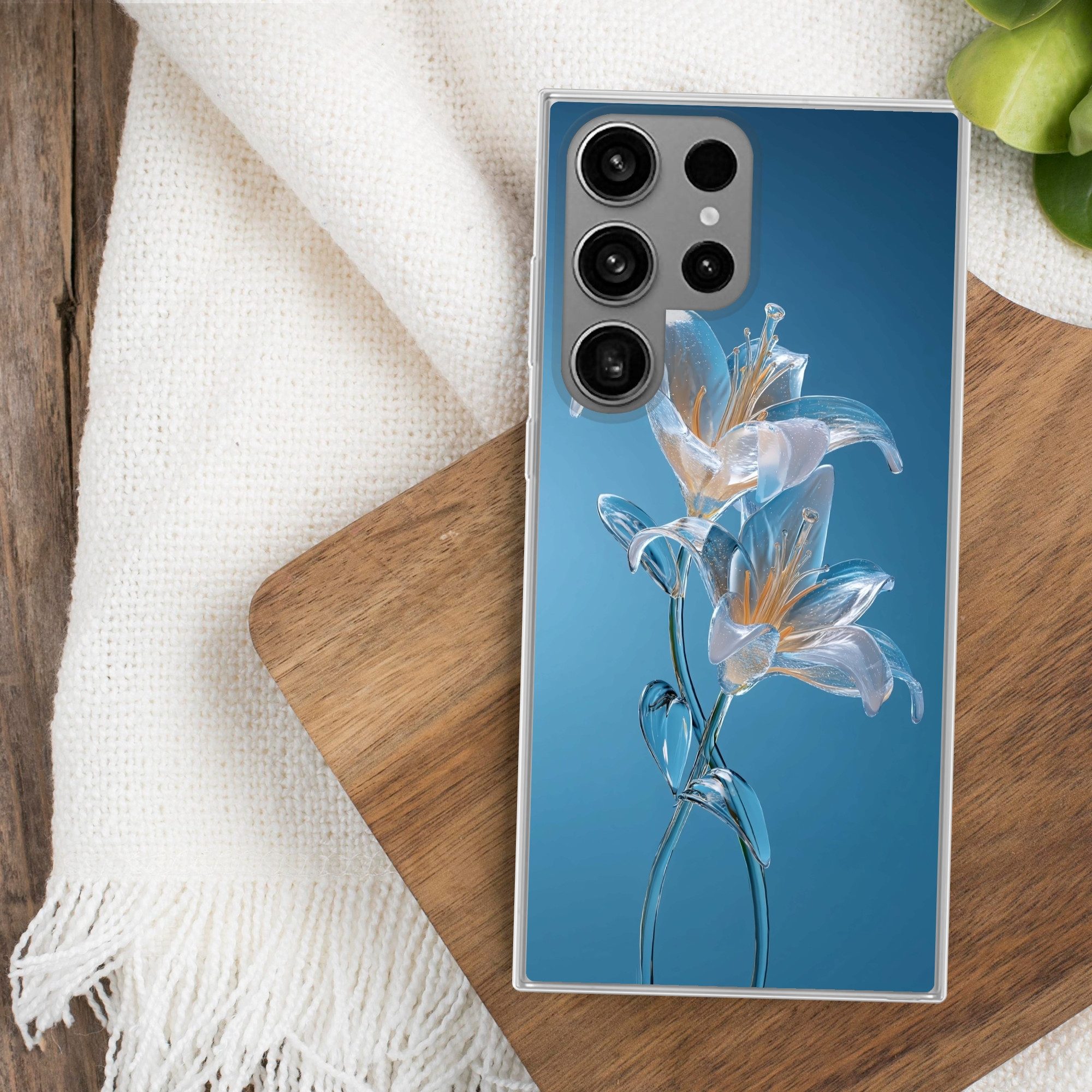 MuchoWow Handyhülle für Samsung Galaxy S23 Ultra Lilien - Blau - Gläser