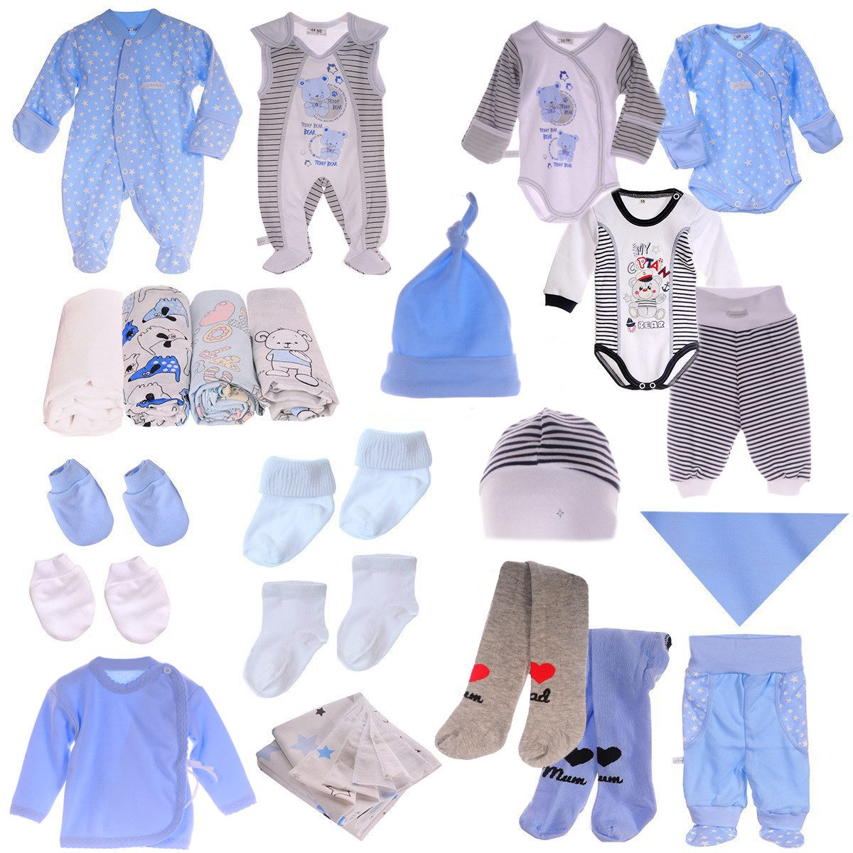 La Bortini Erstausstattungspaket Baby Set 22 Teile Body Hose Strampler Strumpfhosen Shirt Socken in Blau, aus Baumwolle, 44 50 56 62 Spucktücher Sabbertuch