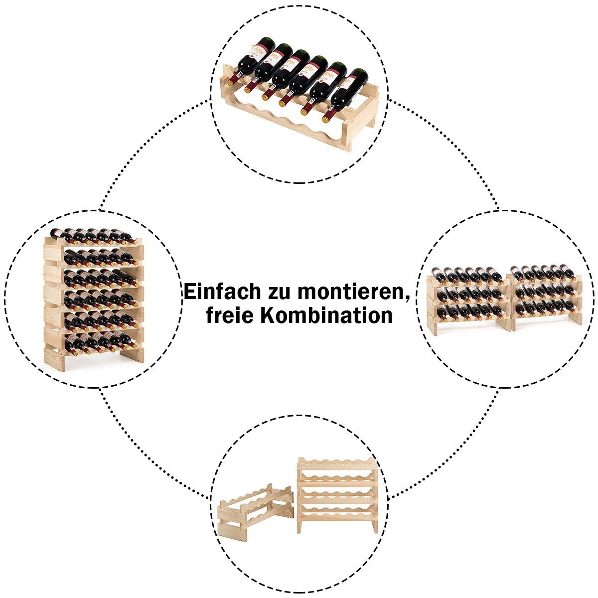 COSTWAY Weinregal, für 36 Flaschen, 6-stöckiger Stapelbar, Holz