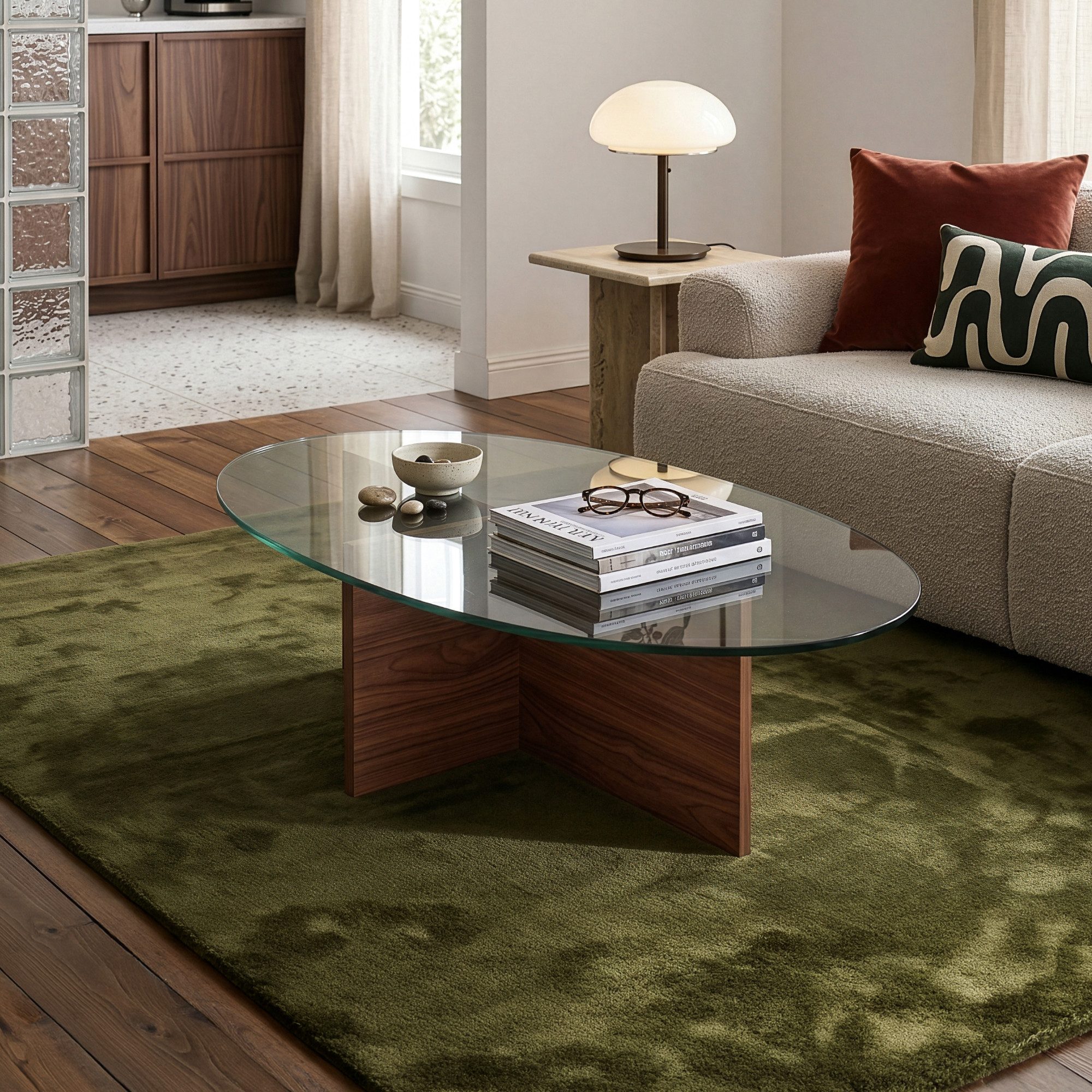 en.casa Couchtisch, »Viroya« 100 x 60 x 36 cm mit Glasplatte oval Walnussoptik/Grau
