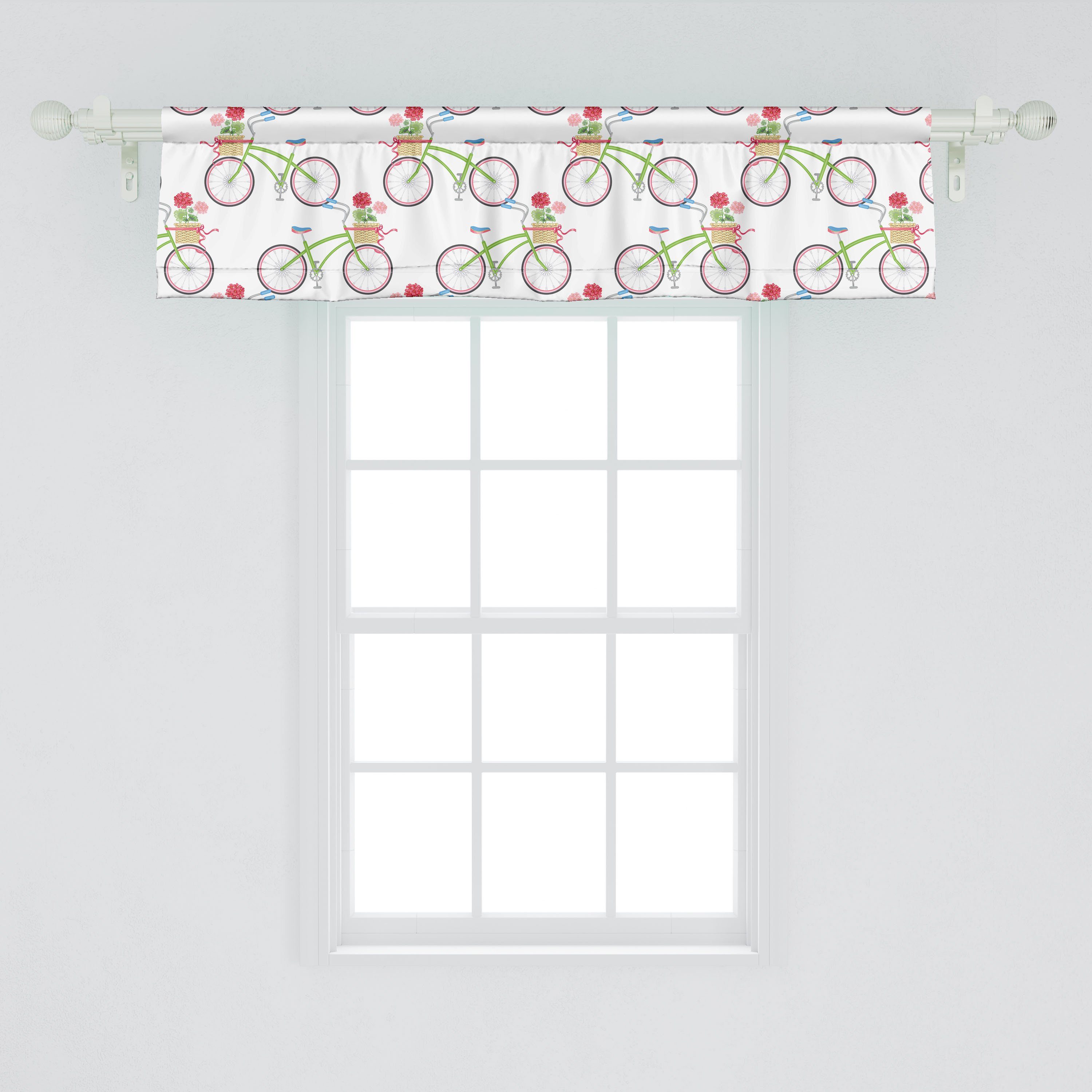 Scheibengardine Vorhang Abakuhaus, Volant Pelargonien Dekor mit für Schlafzimmer Blumenkorb in Küche Fahrrad Microfaser, Stangentasche