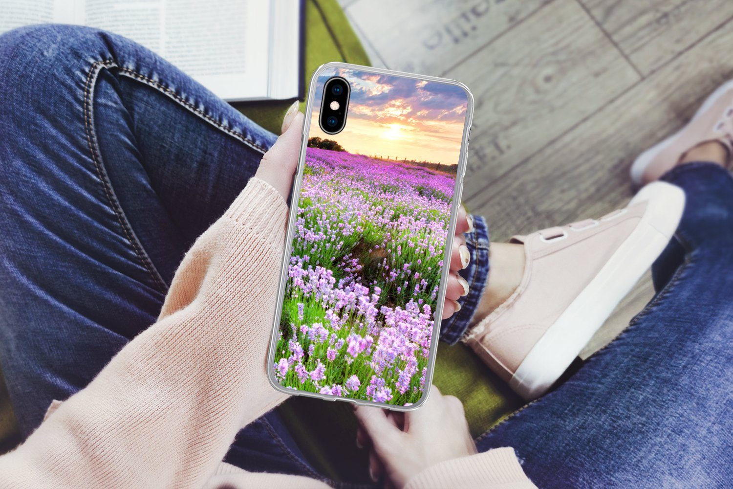 MuchoWow Handyhülle für Apple iPhone X Blumen - Lavendel - Lila - Himmel - Sonnenuntergang, Smartphone-Bumper, Print, Handy Schutzhülle Dünn