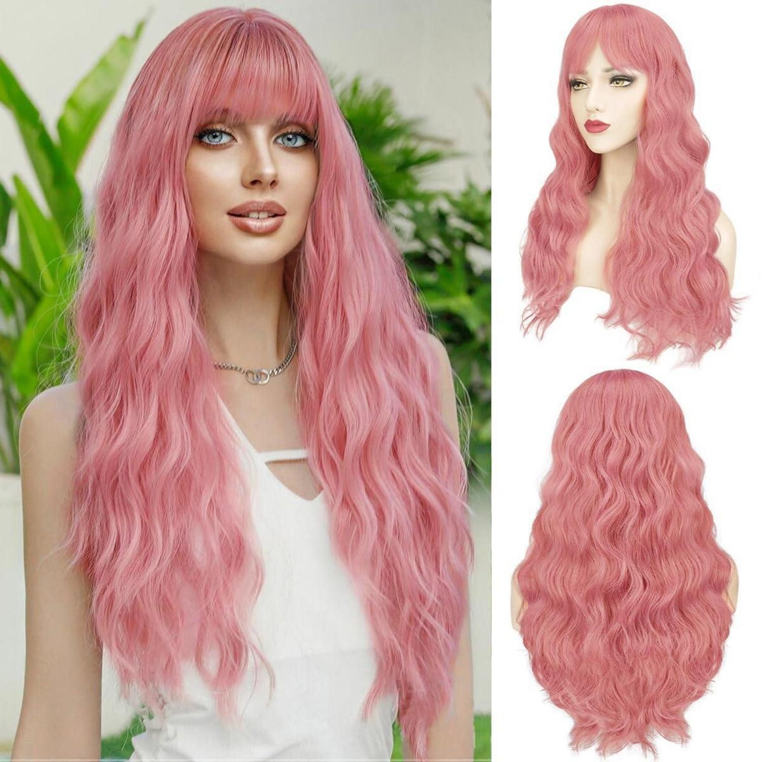 LuxusKollektion Kunsthaarperücke Lange Rosa Perücke mit Pony 66cm Gewellt Synthetisch für Frauen