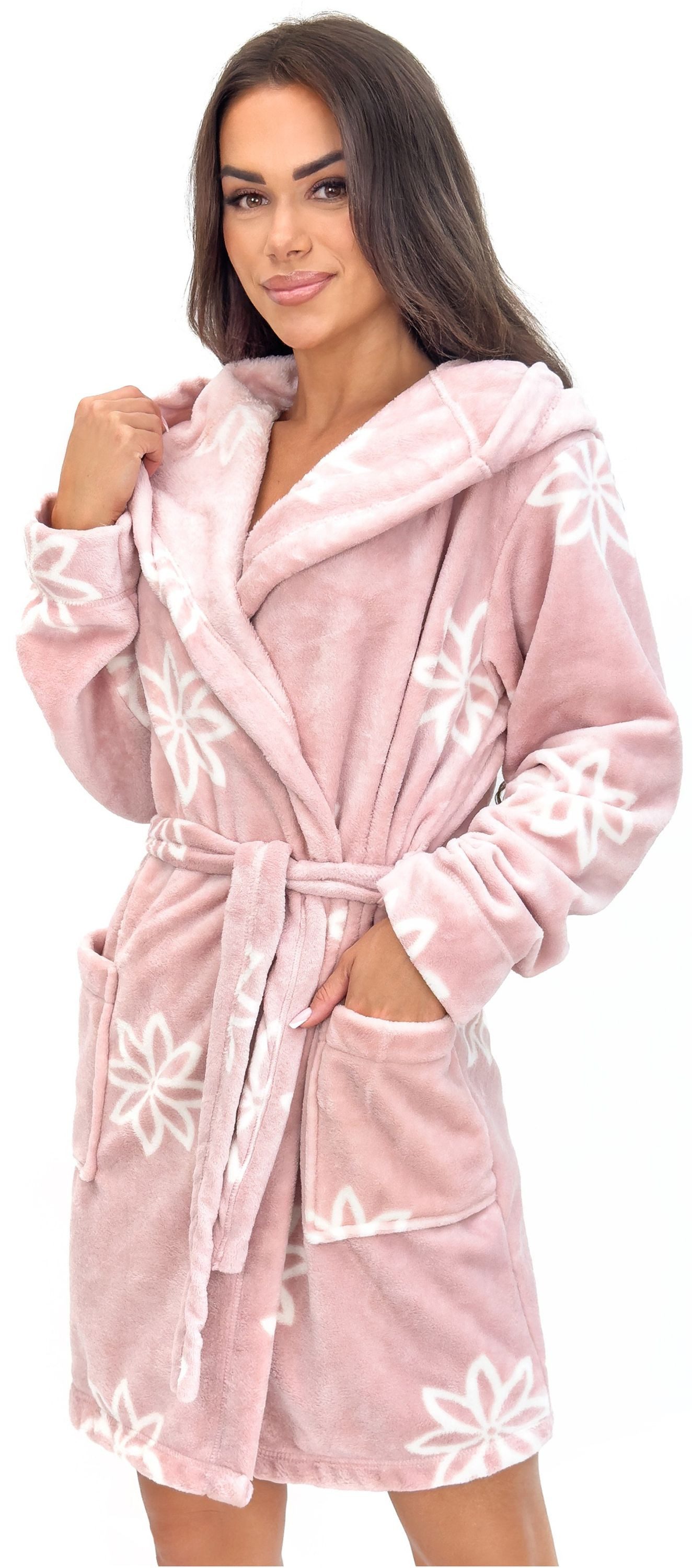 Donna Damenbademantel 102, Polyester, Kapuze, Gürtel, Damen Morgenmantel Fleece Bademantel Kapuze Polyester ca.95 cm