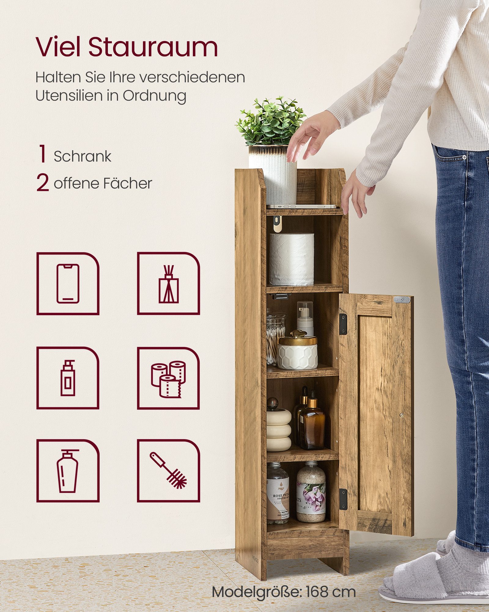 VASAGLE Badkommode Badezimmerschrank Badschrank schmal, stehend, verstellbare Ablagen