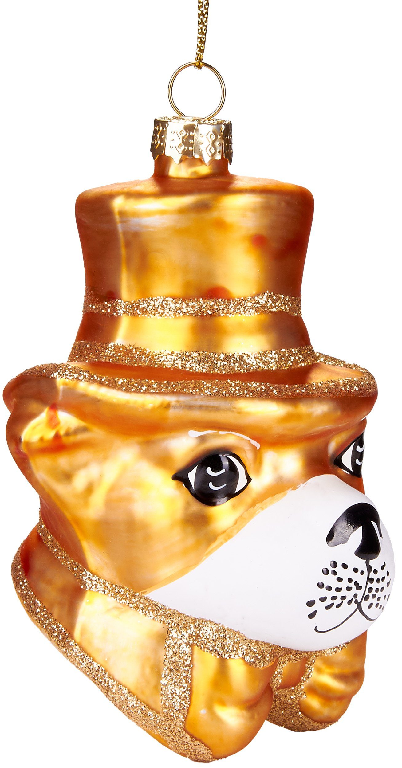 BRUBAKER Christbaumschmuck Handbemalte Baumkugel Hund mit goldenem Hut, tierischer Weihnachtsschmuck-Anhänger aus Glas, mundgeblasenes Unikat - Lustige Weihnachtskugel 10 cm