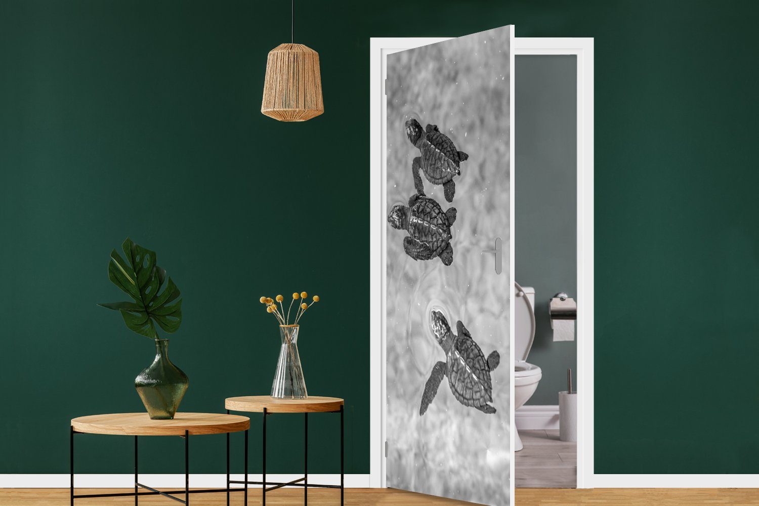 Fototapete Türaufkleber, MuchoWow Foto, für (1 bedruckt, Tür, Schildkröten Matt, schwarz-weiß Türtapete St), 75x205 cm