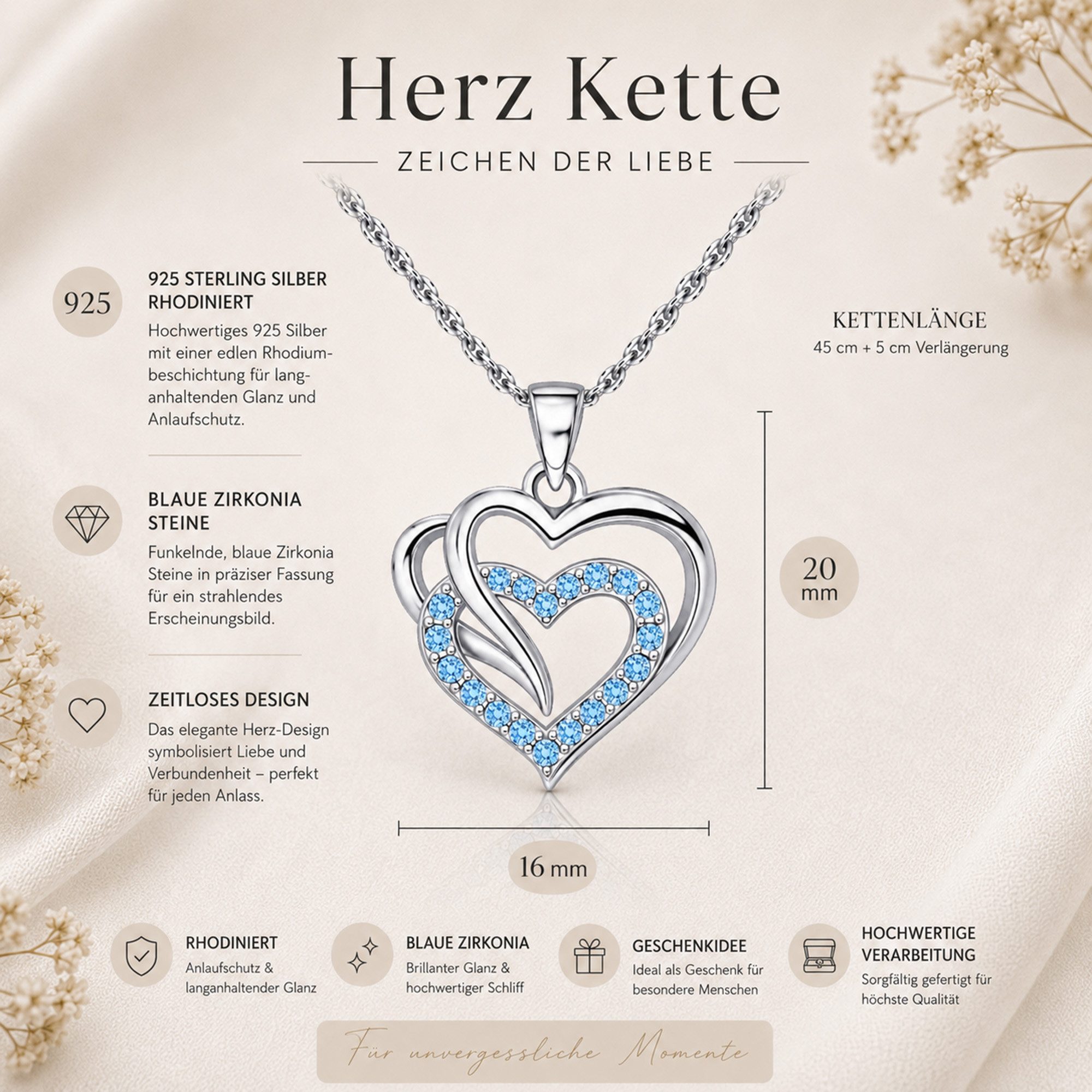 Limana Herzkette Doppelherz Schmuck Damen 925 Silber Kette mit Anhänger - Geschenk (für Frau Freundin Mama, inkl. Schmuckdose), Geburtstag Jahrestag Hochzeitsta – Bild 4 von 5