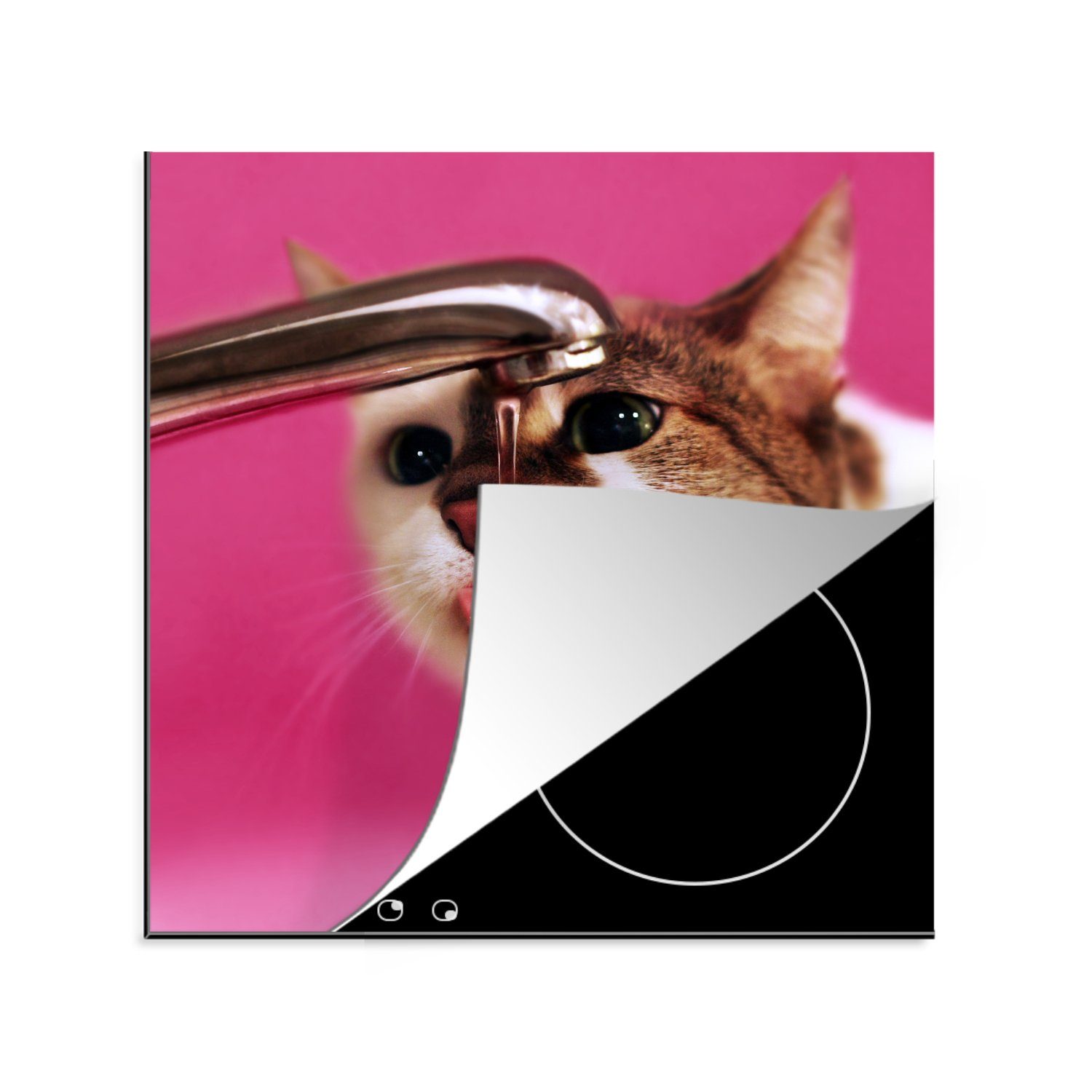 MuchoWow Herdblende-/Abdeckplatte Katze - Wasser - Zunge - Rosa, Vinyl, (1 tlg), 78x78 cm, Ceranfeldabdeckung, Arbeitsplatte für küche
