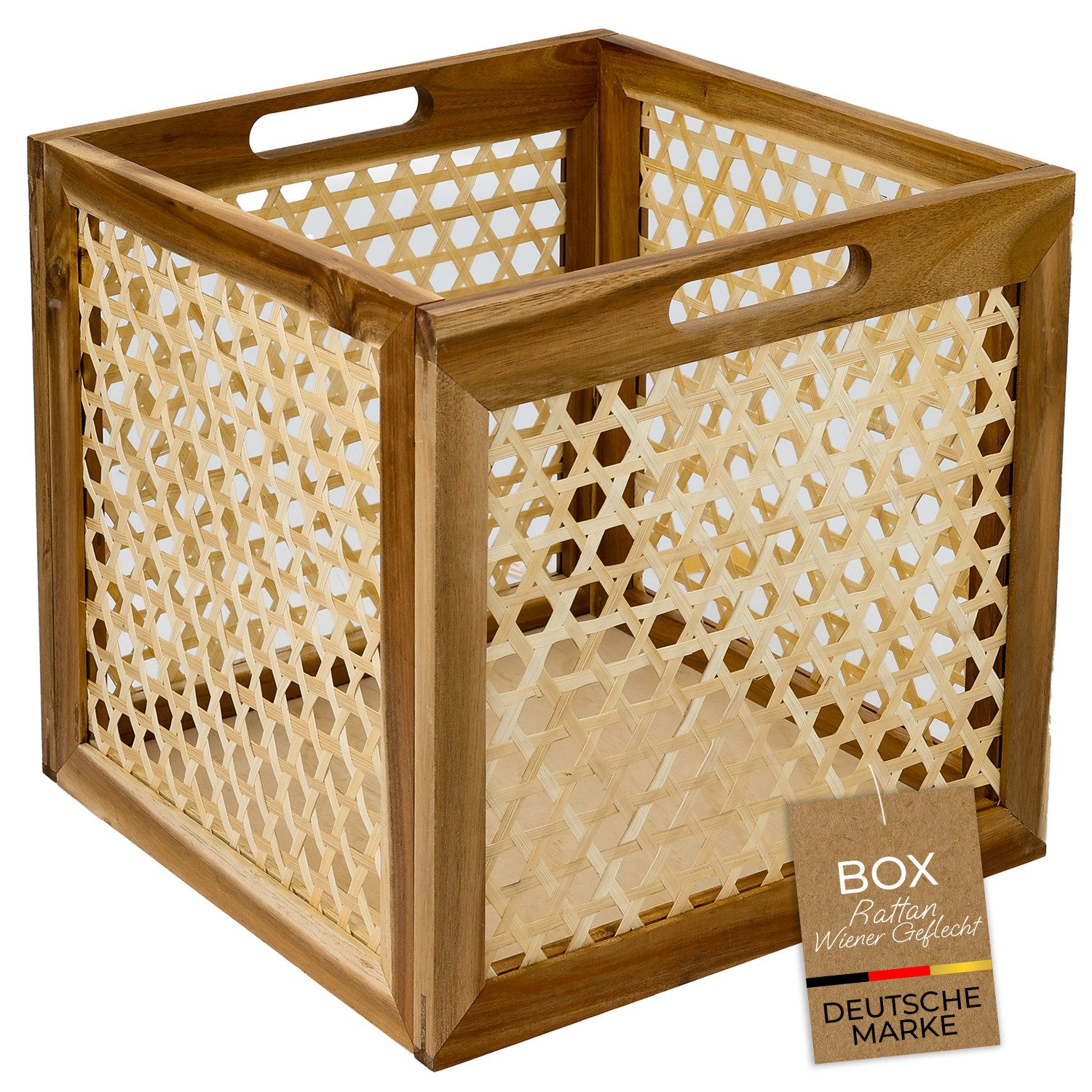 HMF Regalkorb Aufbewahrungskorb passend für KALLAX Regal, Korb aus Rattan, mit Wiener Geflecht und Akazienholzrahmen, Muster 2, 32 x 34 x 32 cm