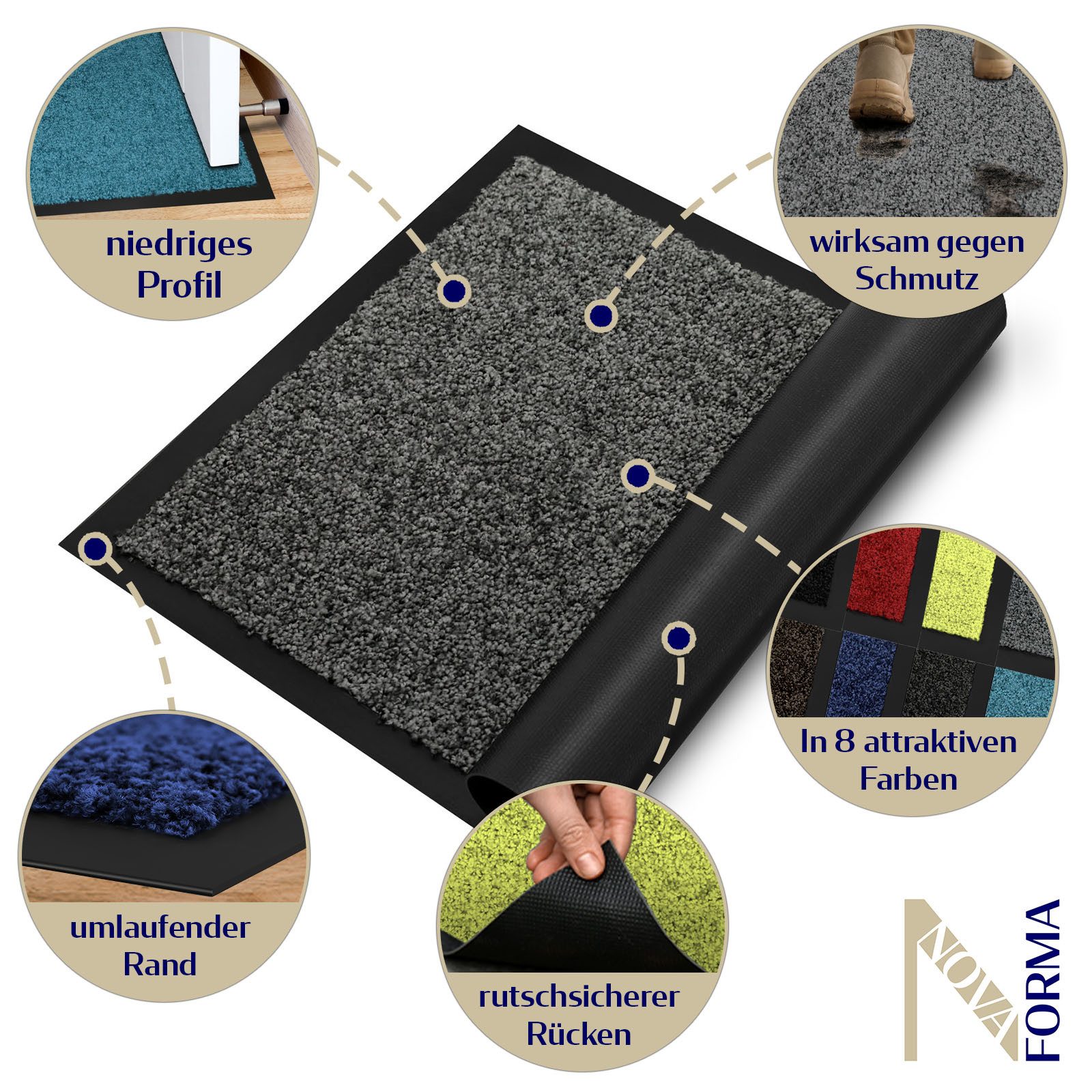 Nova Forma Fußmatte BRIGHT, Premium Fußmatte für Innenbereich, Flur, Haustür, Eingangsbereich