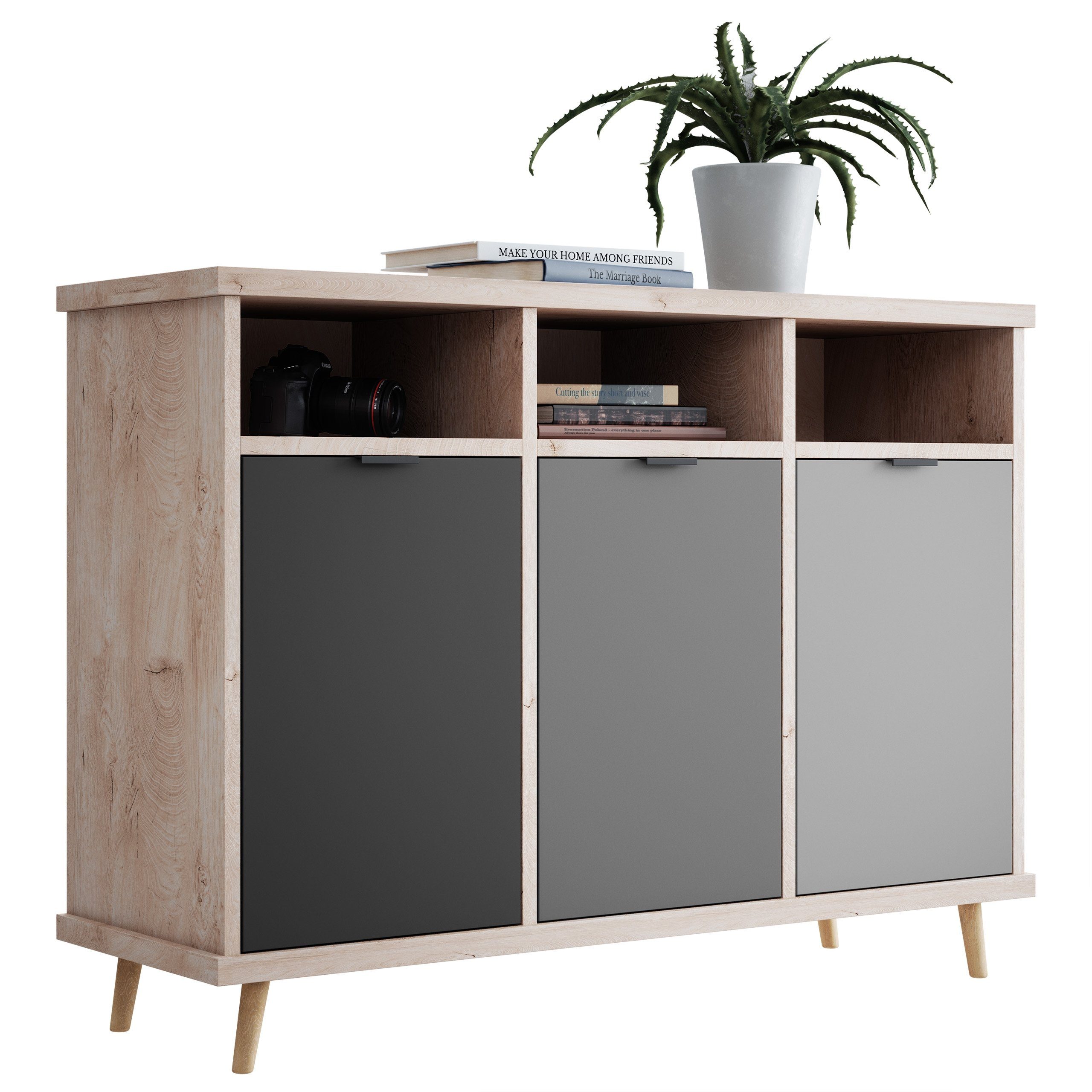Newroom Sideboard Conni, Sideboard Eiche Hirnholz Grau Modern Vintage Industrial Highboard