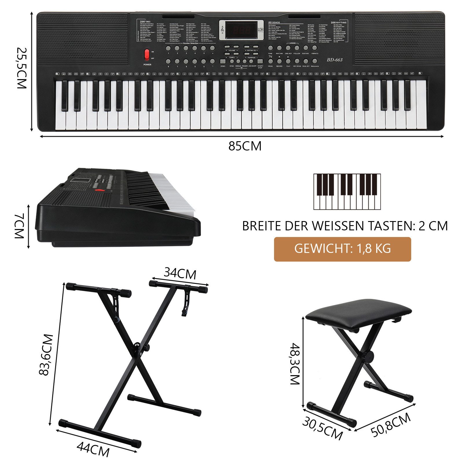 VINGLI Digitalpiano 61-Tasten Keyboard Piano Set mit Klavierständer, Klavierhocker, tragbar, LED-Bildschirm, 3 Lehrmodi, Schwarz/Weiß/Rosa – Bild 2 von 5