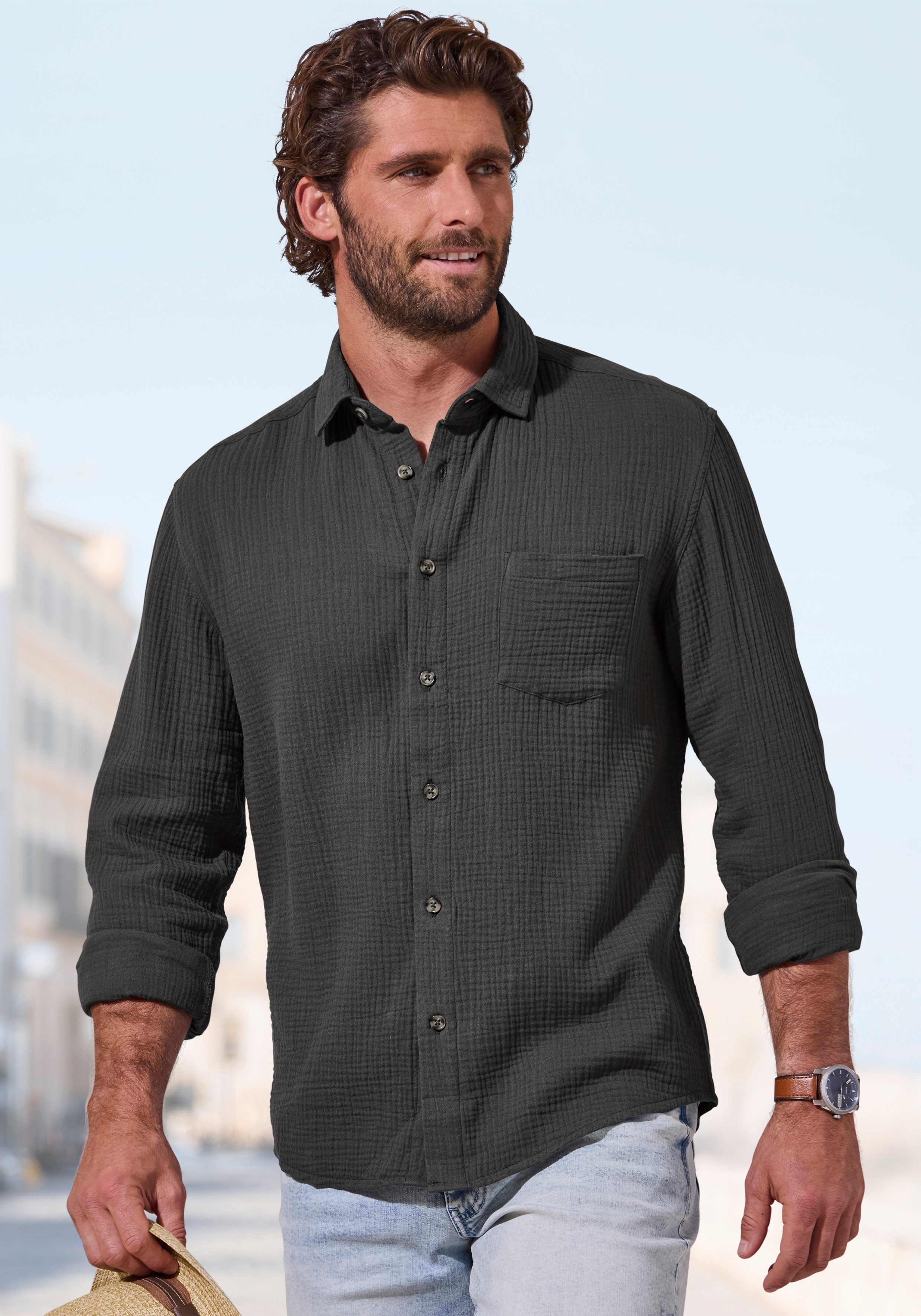 Beachtime Langarmhemd Regular fit Langarm, Freizeithemd aus Musselin-Ware