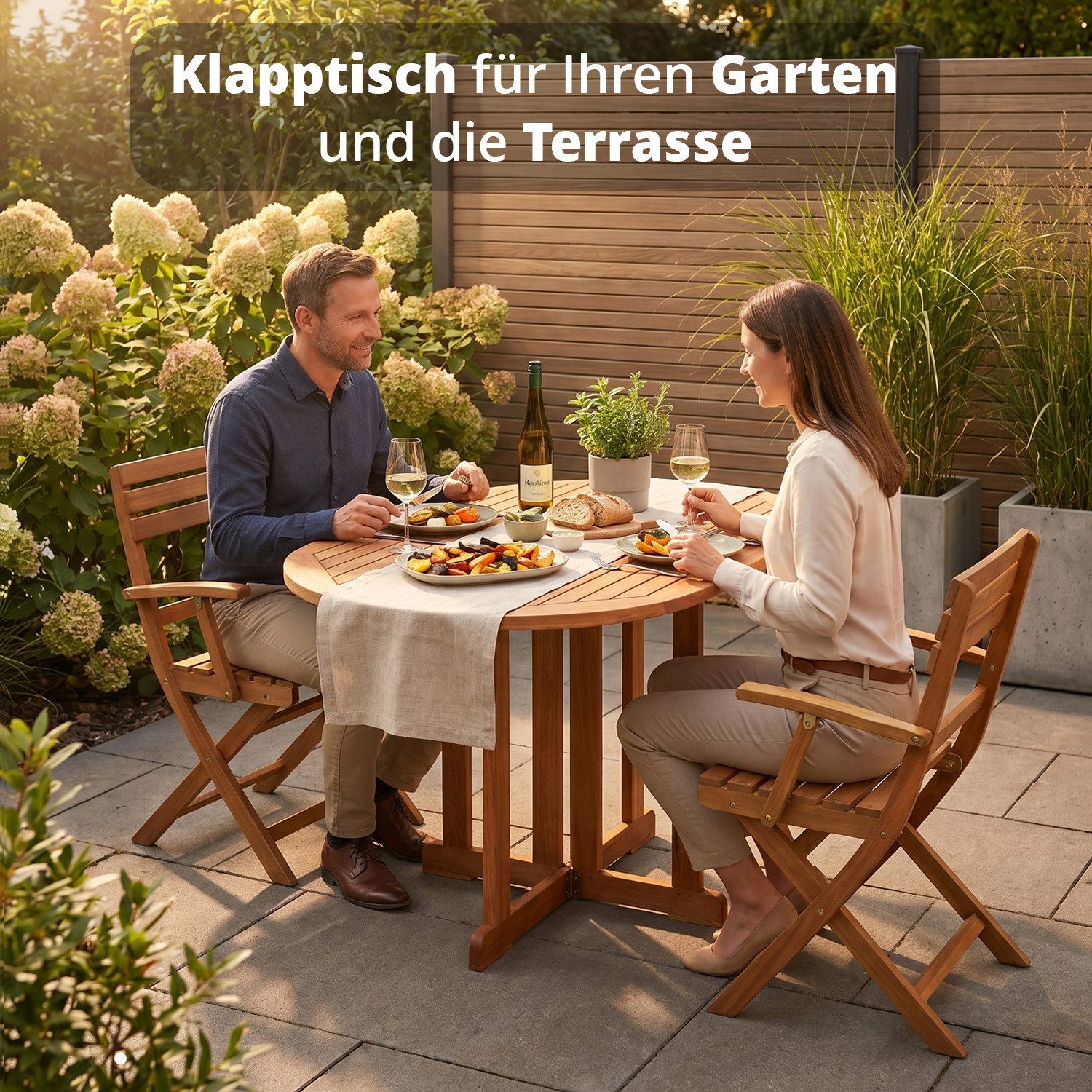 KHG Klapptisch Balkontisch 60x120 cm, halbseitig klappbar, bis 75 kg belastbar (Outdoor-Tisch Oval), aus Eukalyptus-Holz, zum Schutz geölt, FSC-Zertifiziert