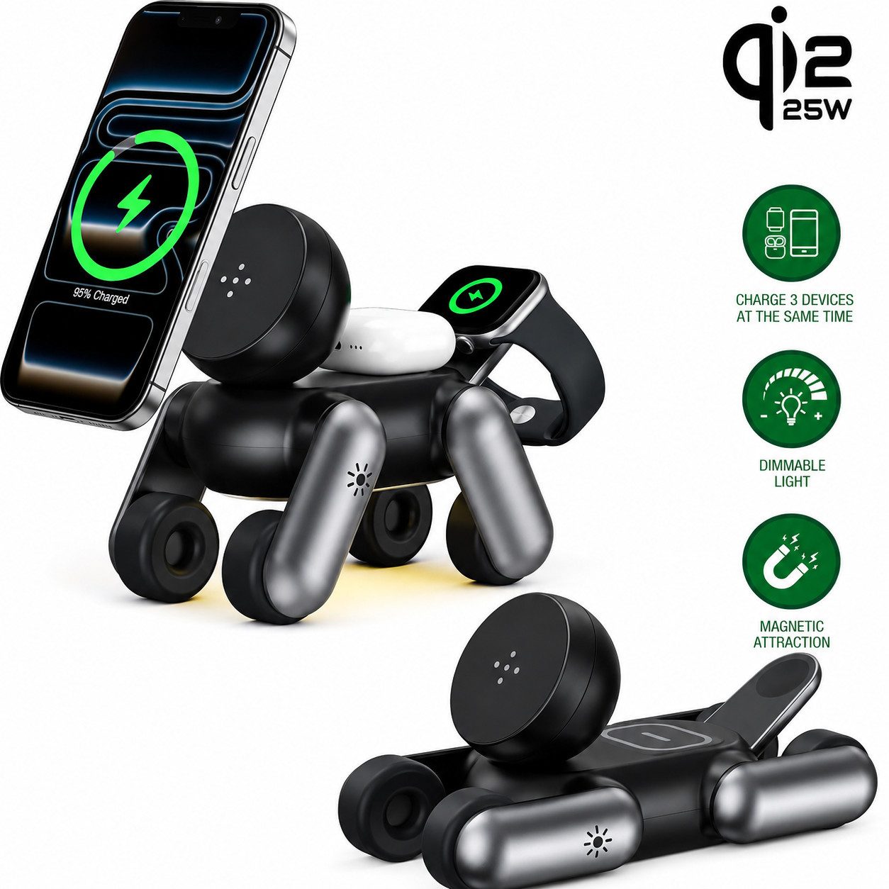 Toomoke Ladegerät, 4-in-1 MagSafe Ladestation, Wireless Charger, induktives Ladestation (25W Qi2.2 Schnellladung, magnetische Wireless Charger Station kompatibel, mit iPhone 17–12 Serie, Apple Watch und AirPods, für iPhone, Apple Watch, AirPods, faltbar m