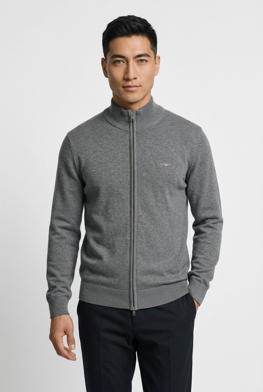Gant Cardigan CASUAL COTTON ZIP CARDIGAN Mit Rippbündchen an Stehkragen, Ärmeln und Saum