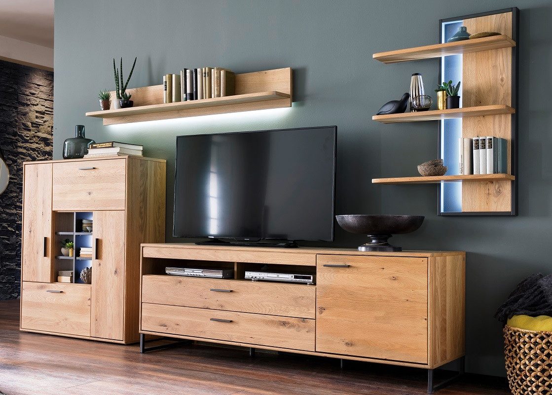 MCA furniture Wohnwand Wohnwand Anbauwand Portland, Asteiche Bianco massiv, 4-teilig, (4-St)