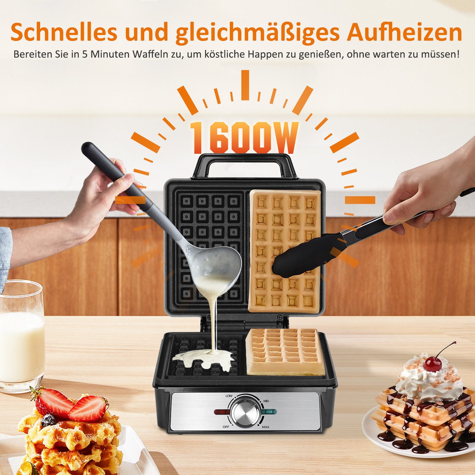Aigostar Waffeleisen für 2 belgische Waffeln, Waffelautomat mit einstellbarer Temperatur, 1600 W, Waffelautomat mit einstellbarer Temperatur, LED-Anzeige