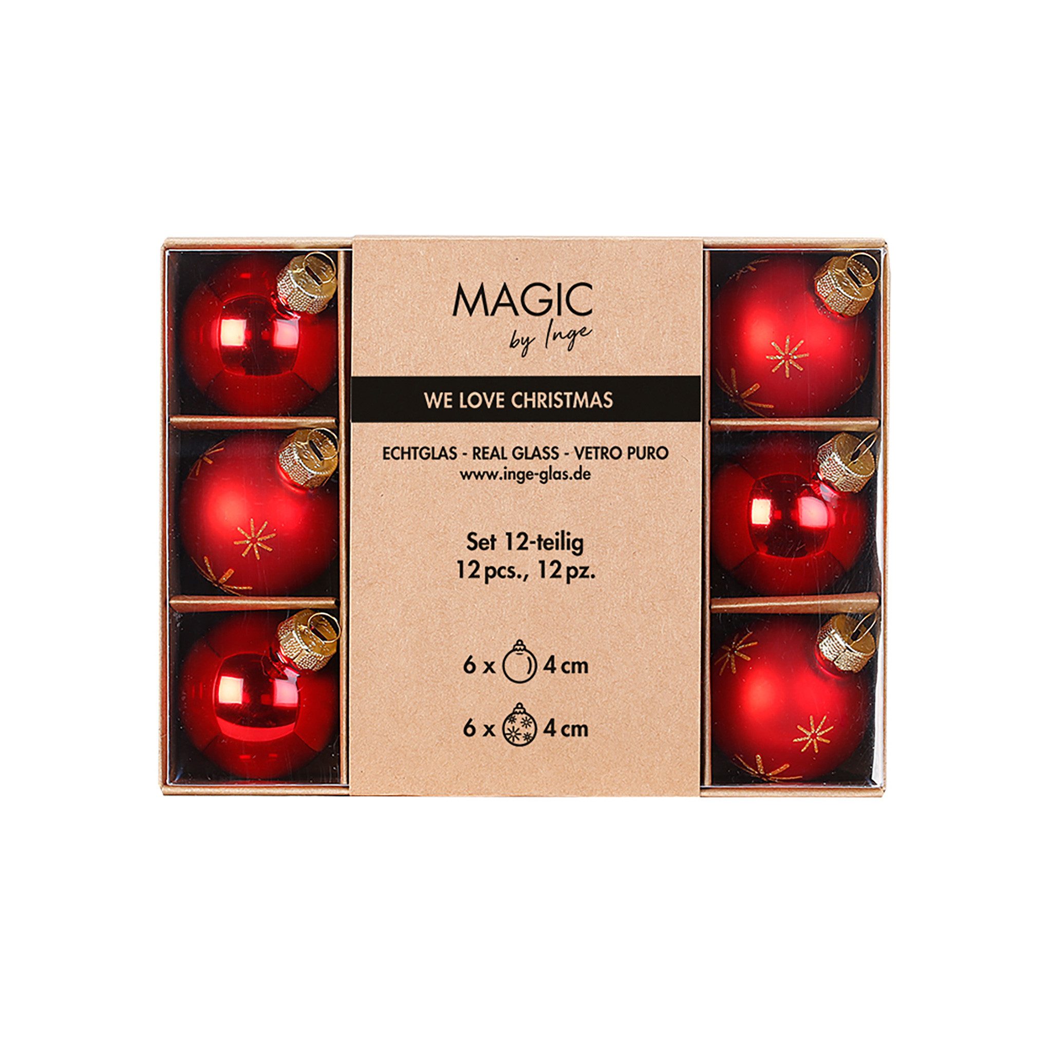 Holly & Jolly Weihnachtsbaumkugel, Weihnachtskugeln Glas 4cm Schneeflocken Motiv 12er Set Merry Red