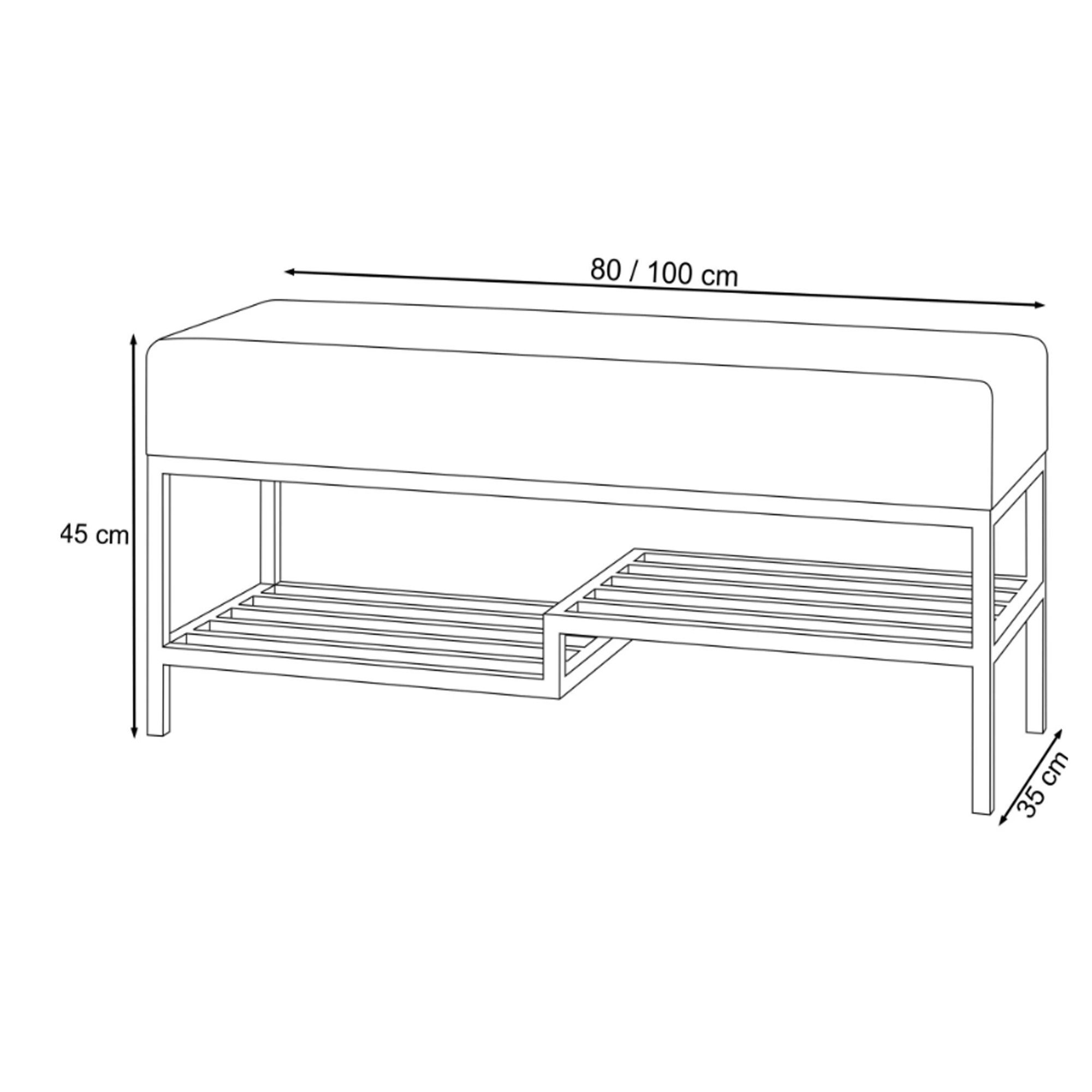 Beautysofa Polsterbank Moderne, modische elegante Bank mit Schuhregal SHELF (B:80/100/H:45/T:35cm), Metallbasis in den Farben: weiß,schwarz,gold
