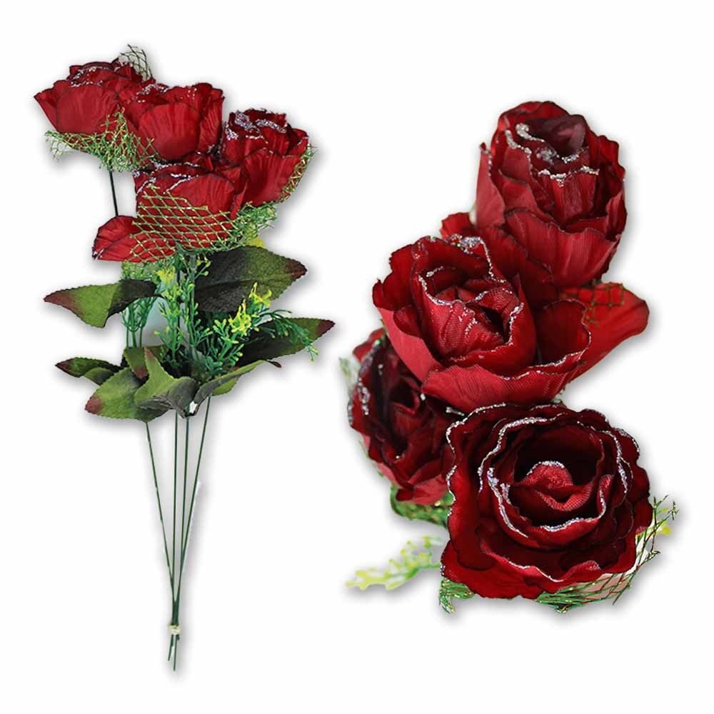 Kunstblume 4 Stück Rose Plastik dunkelrot mit Glitzer und Grünschmuck - ca. 51 cm, BEMIRO