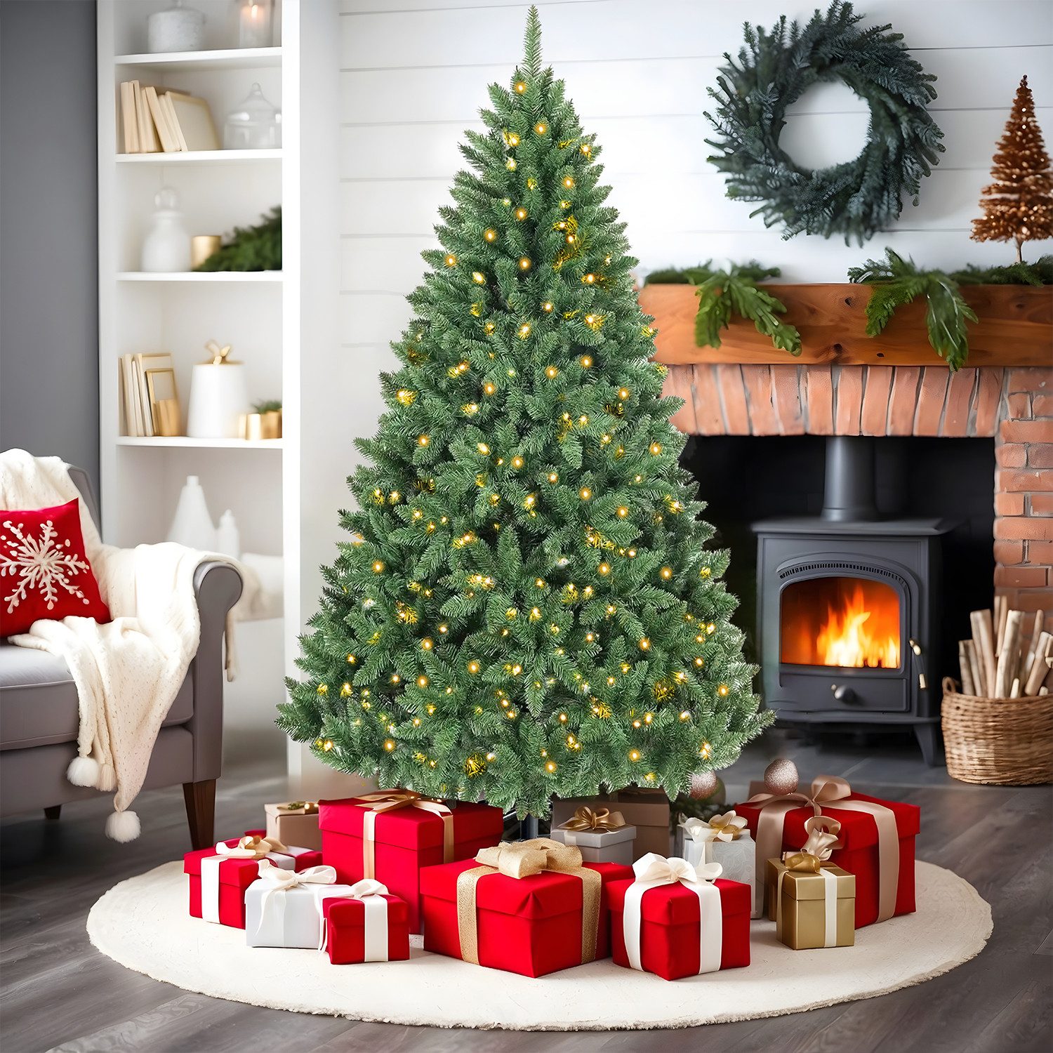 Sinaopus Künstlicher Weihnachtsbaum 180cm, Tannenbaum aus PVC, Weihnachtsbaum mit Beleuchtung, naturgetreu, Tannenbaum künstlich, Christbaum mit Metallständer, Schwer entflammbare, geruchlose PVC-Nadeln, 100 Lichter, 1300 Spitzen, 8 Lichtmodi, mit Lichterkette & Handschuhe