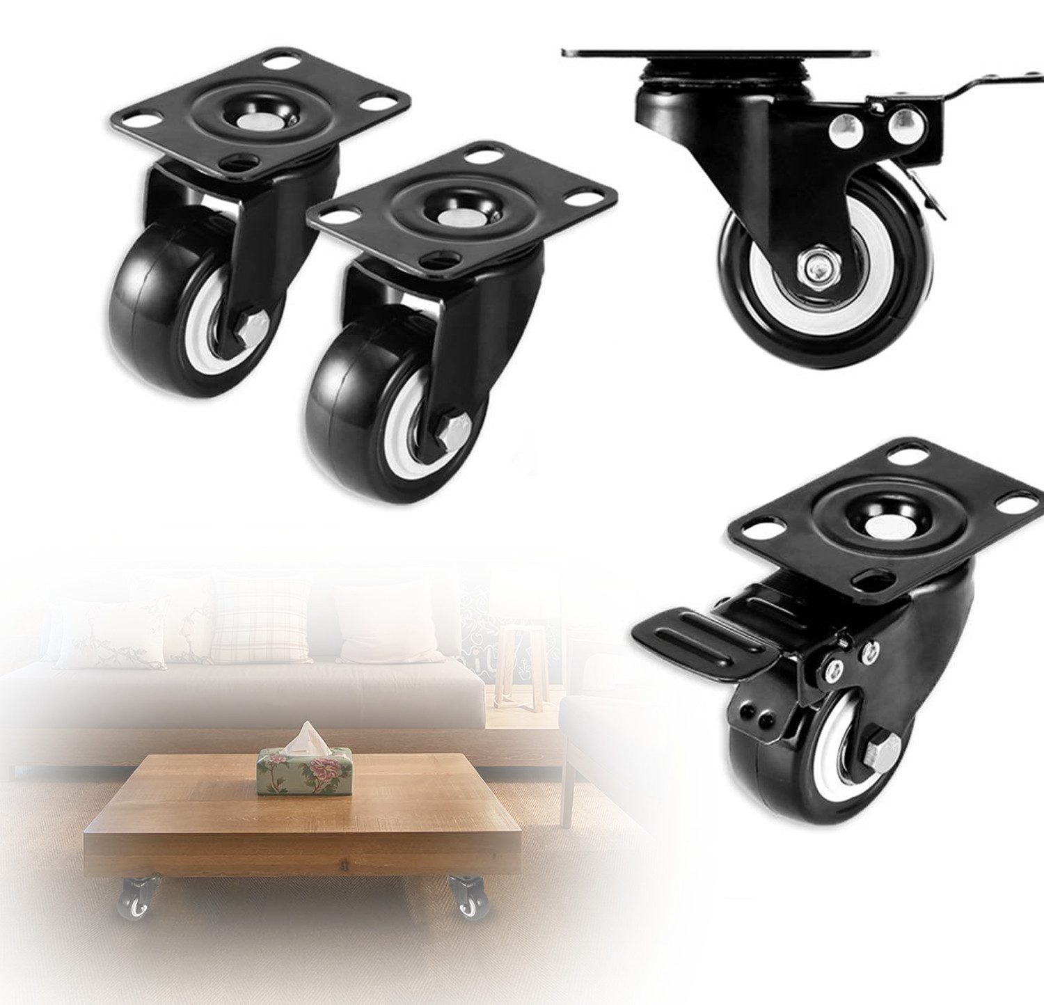 Möbelrolle Transportrollen mit Bremse 50mm für Möbel 4 Rollen Set Möbelrollen