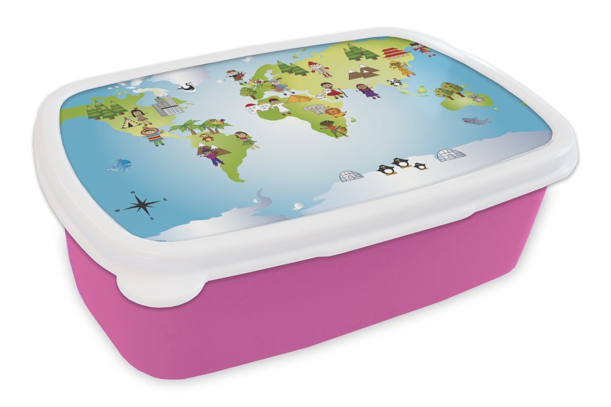 MuchoWow Lunchbox Weltkarte - Kinder - Natur - Illustration - Jungen - Mädchen, Kunststoff, (2-tlg), Brotbox für Erwachsene, Brotdose Kinder, Snackbox, Mädchen, Kunststoff rosa | Lunchboxen