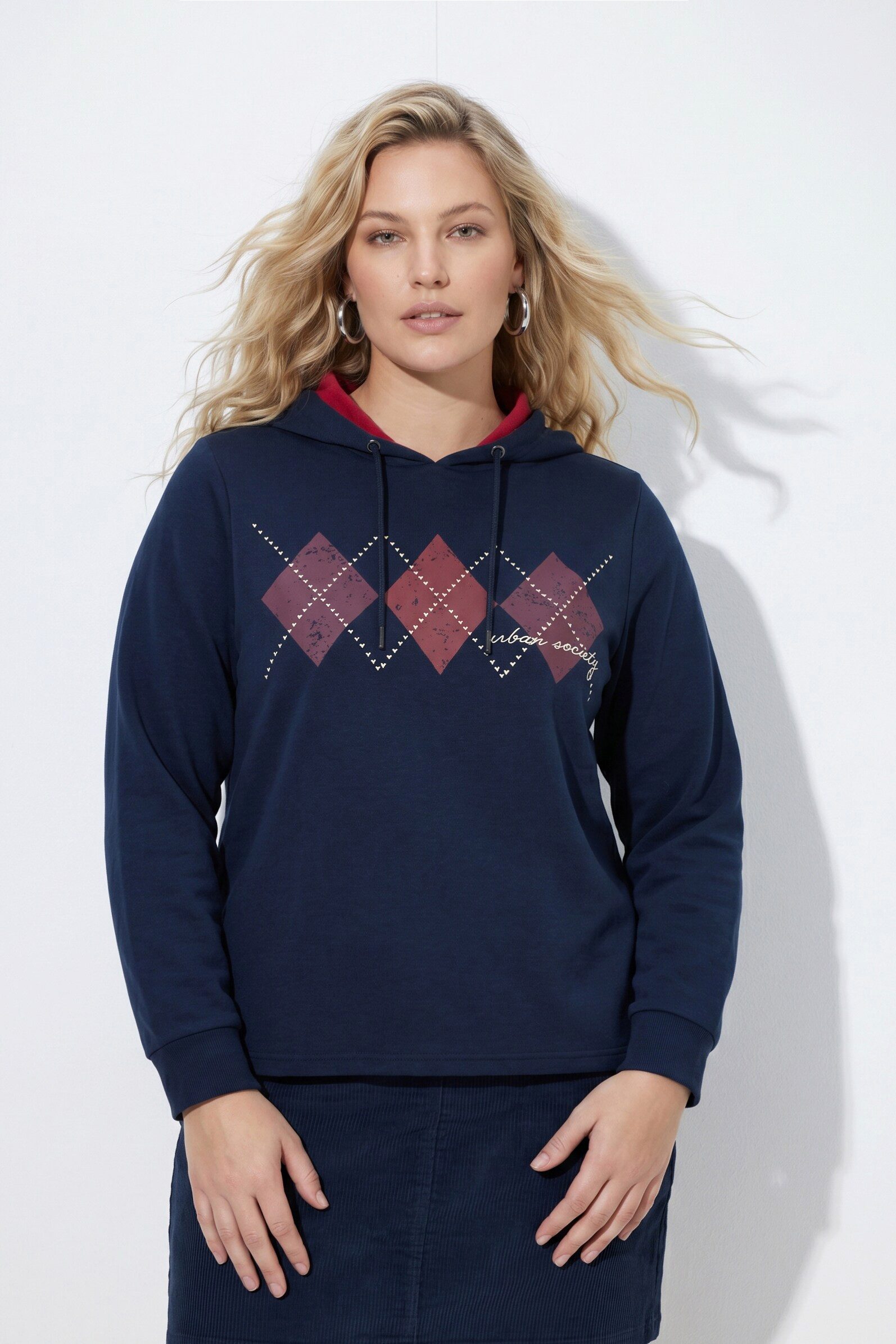 Ulla Popken Hoodie Hoodie Rauten Stickerei Kapuze Langarm