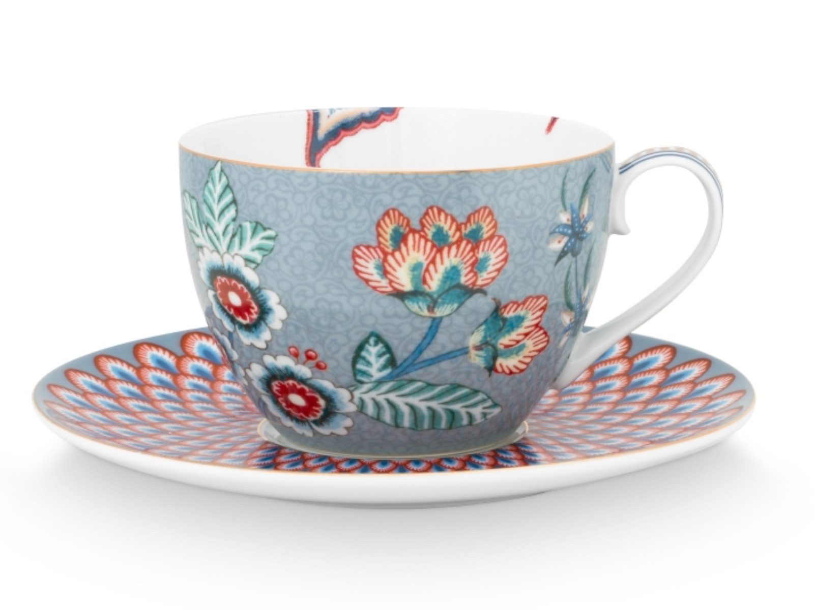 PiP Studio Tasse Flower Festival Tasse mit Untert. Light Blue 280ml, Porzellan