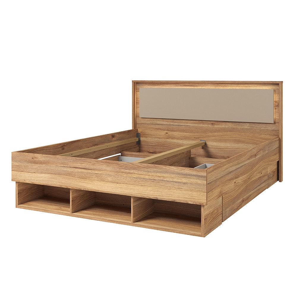 Lomadox Bettgestell ISPARTA-83, Eiche Nb. mit beige, 3 offenes Fach, 2 Bettschubkästen, 160x200 cm