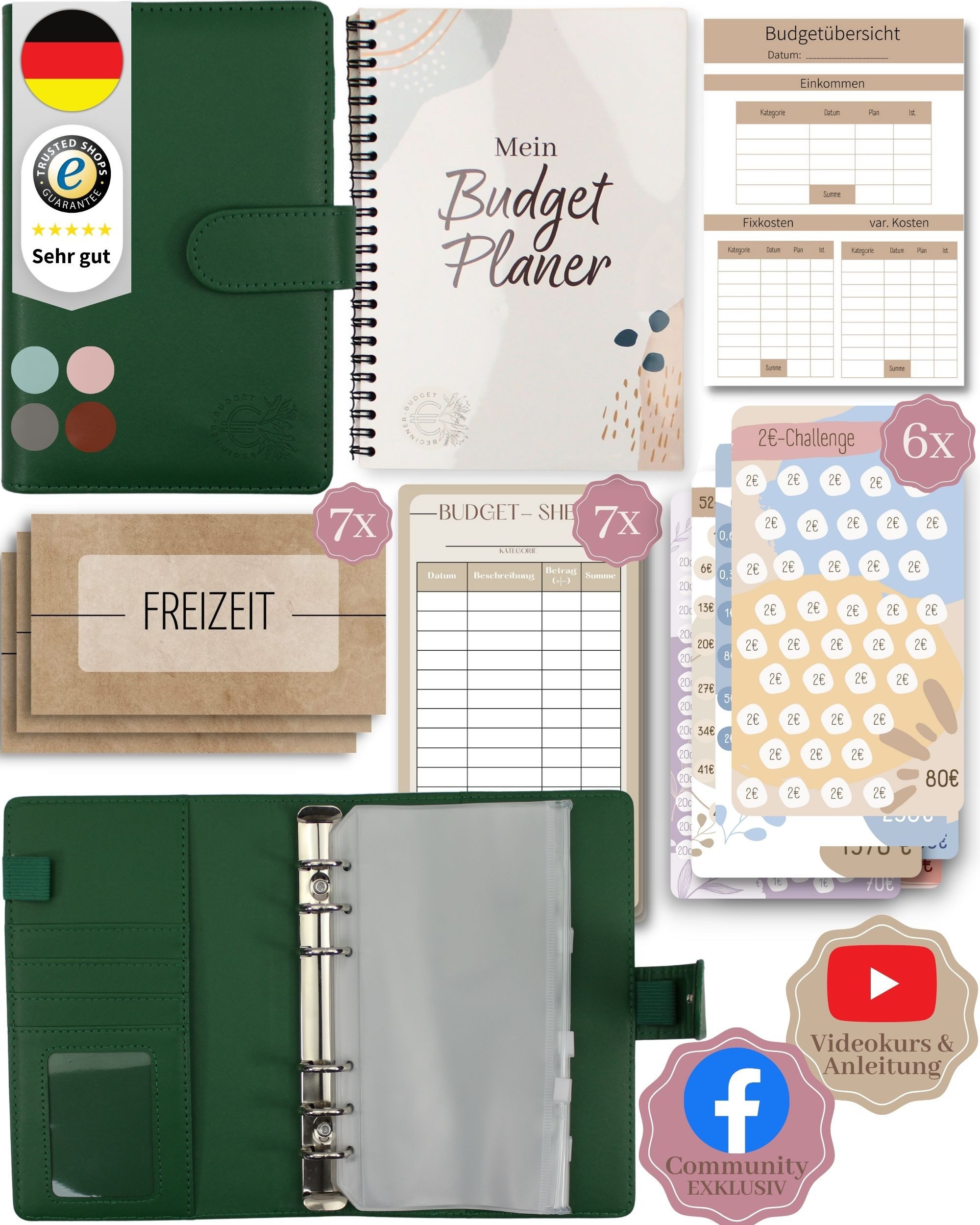 BeginnerBudget Ringbuchkalender Budget Planner & Haushaltsbuch Starter-Set: Sparbuch & Spar-Challenges, Sparen mit Umschlagmethode + Anleitung - Ringbuch - Binder A6