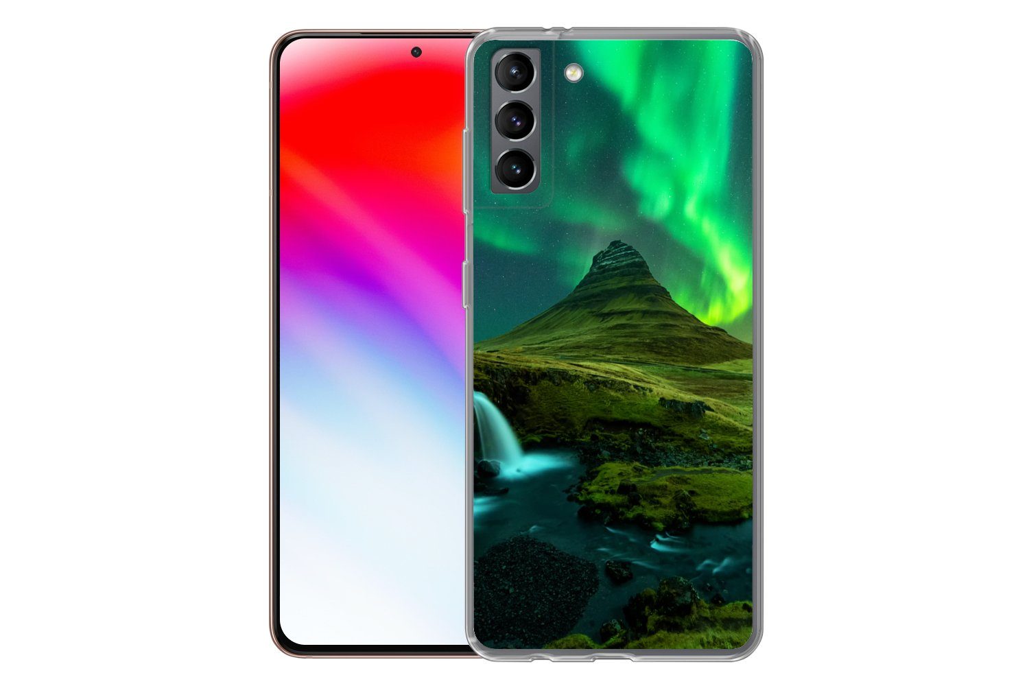 MuchoWow Handyhülle für Samsung Galaxy S21 Plus Nordlichter - Wasserfall - Berg - Island, Phone Case, Silikon, Schutzhülle Dünn