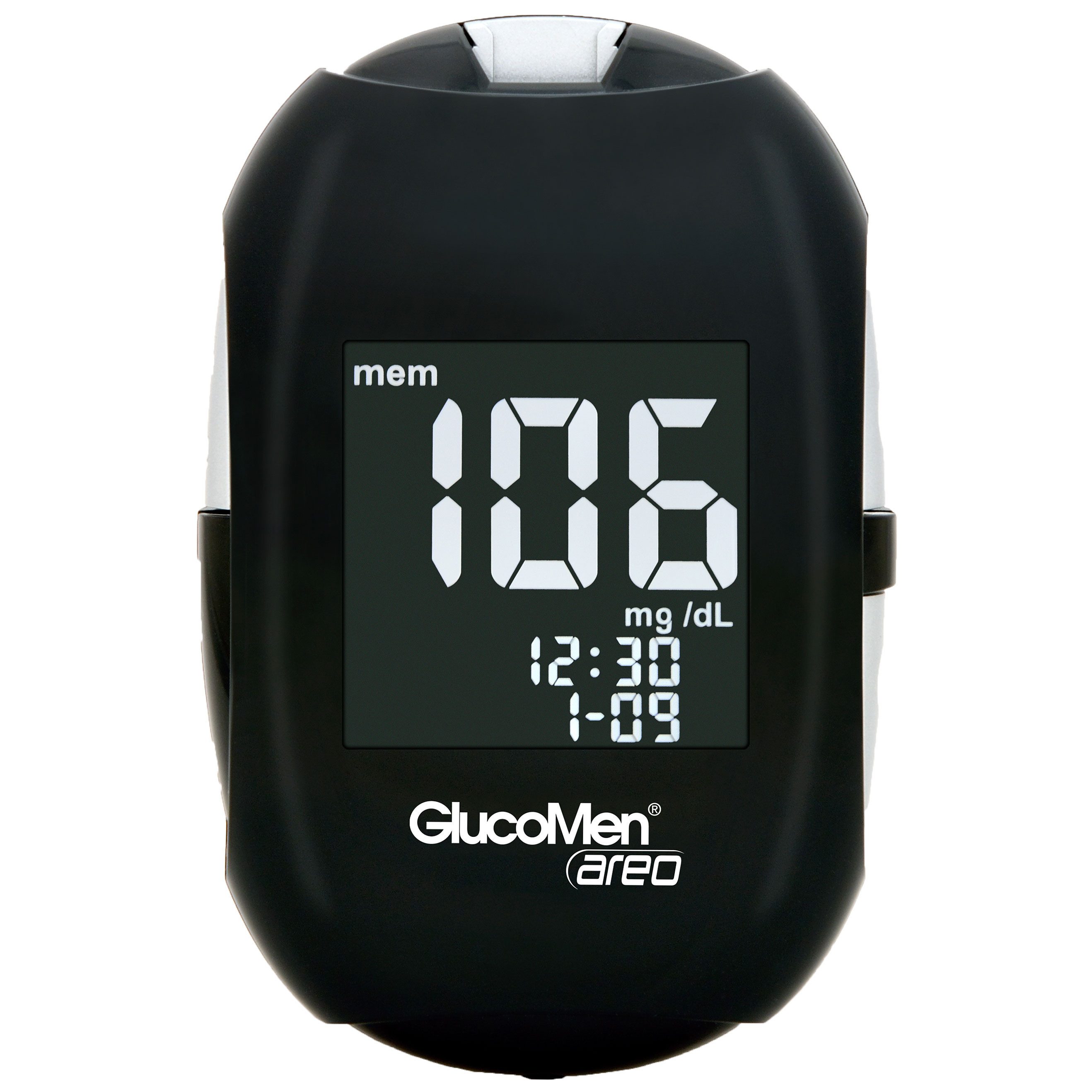 GlucoMen Blutzuckermessgerät areo Blutzucker mmol/l oder mg/dl, Spar-Set, Diabetestherapie Überwachung, Temperaturkompensation, Autocodierung, 700 Speicherplätze, Beleuchtetes Display, große Ziffern