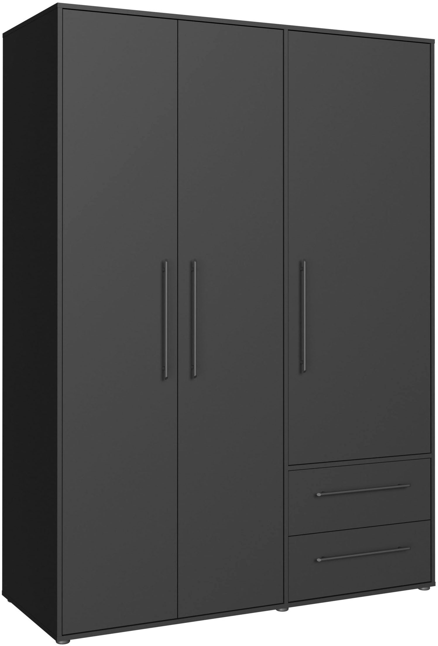 FORTE Kleiderschrank Mokkaris, Garderobe, zeitloses Design, 3 Türen, Made in Europe (B/H/T ca. 144x200x59cm) Zwei Schubladen, schwarze Stangengriffe, Stauraum, auch in Schwarz