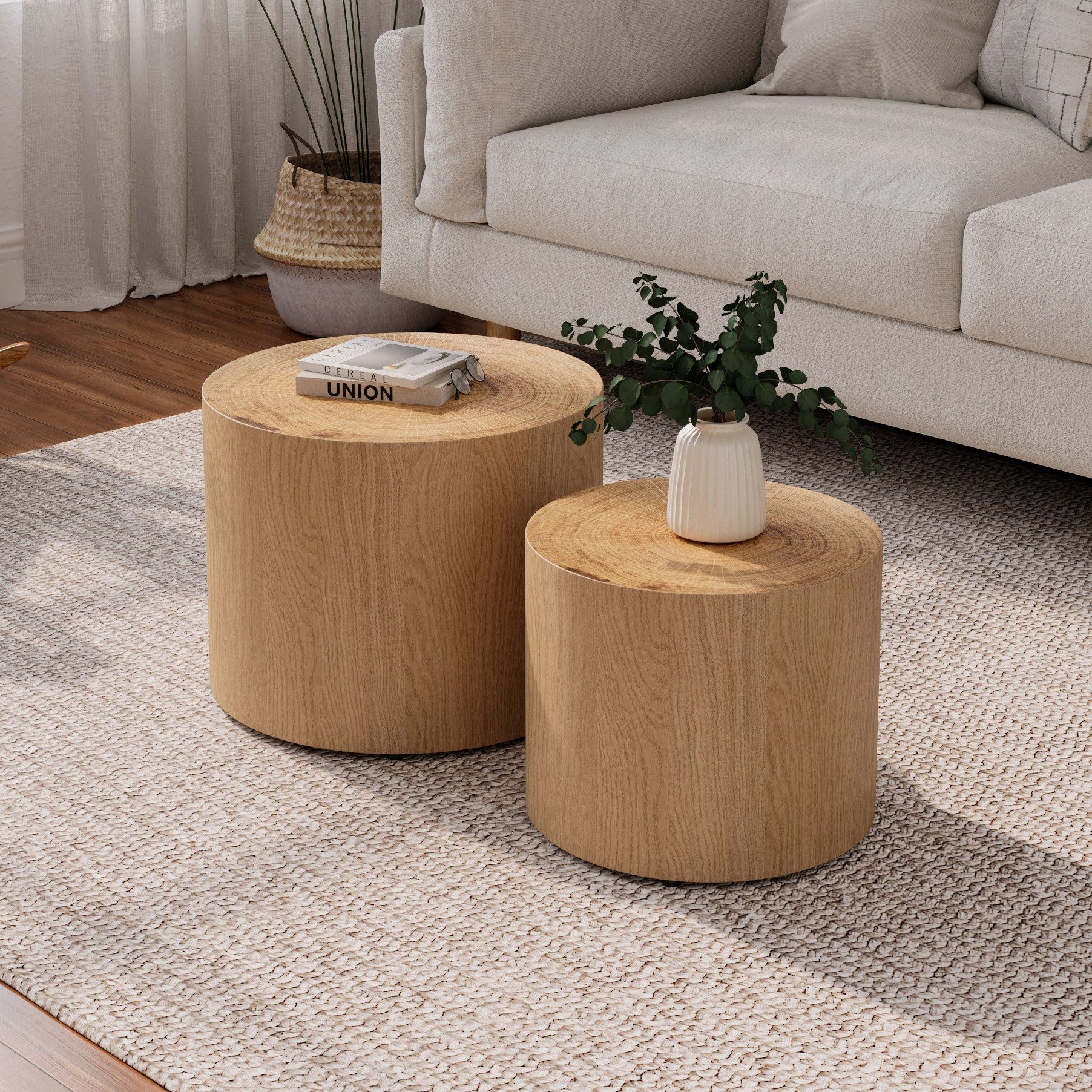 Celya Couchtisch moderner runder Satztisch-Set für kleine Räume (2-teiliges, aus Holz für Wohnzimmer, Schlafzimmer, Balkon, Büro)