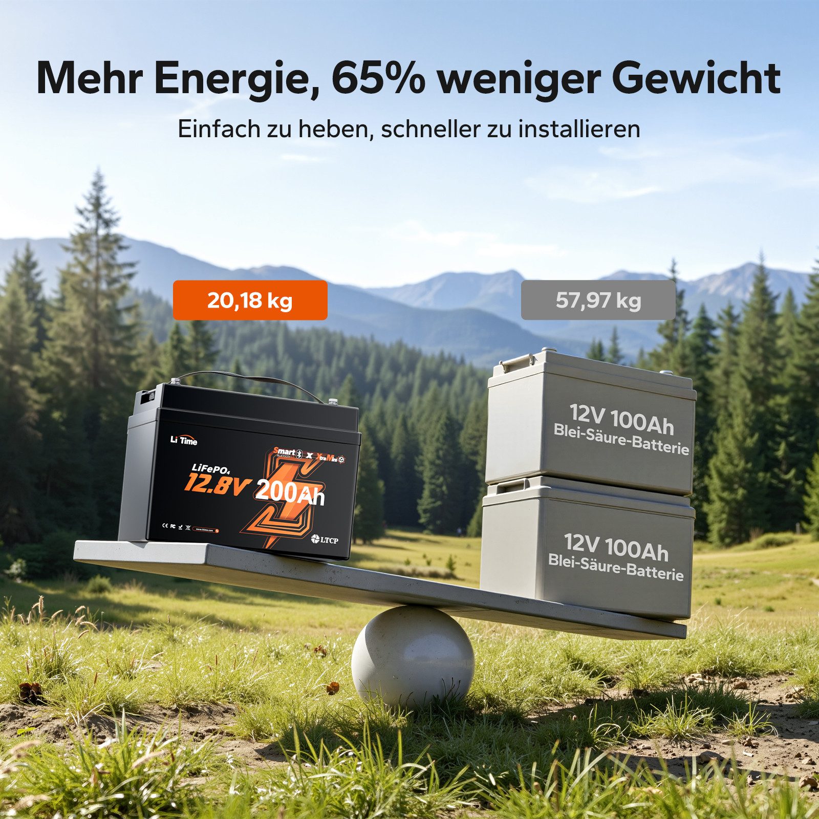 LiTime 12V 200Ah Mini LiFePO4 Aufbaubatterie mit Bluetooth, 333X176X240 mm Solarakkus 200000 mAh (12 V), Versorgungsbatterie für Wohnmobil Camping Inselanlage Solarmodule
