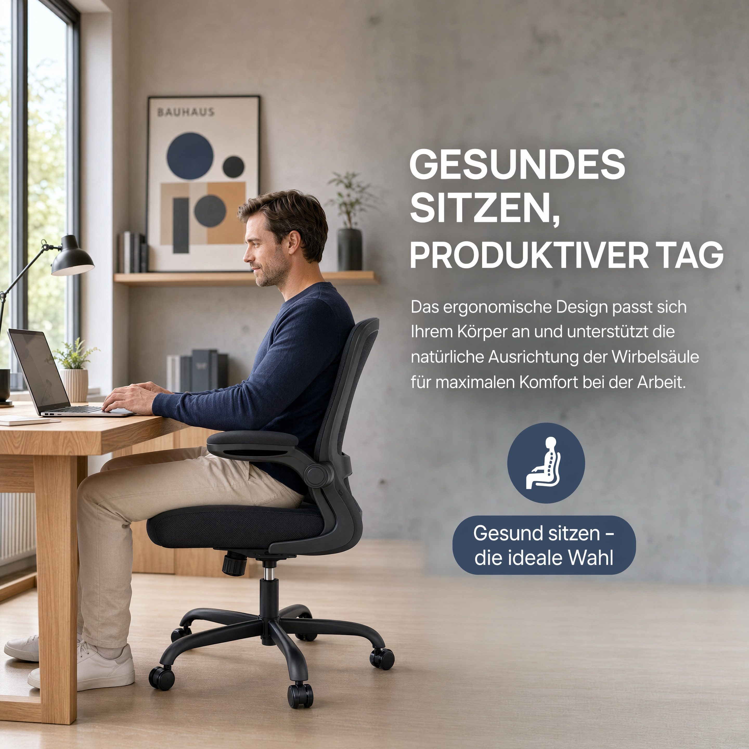 Marsail Bürostuhl Ergonomischer – Schreibtischstuhl Mesh mit 3D-verstellbaren Armlehnen (4-fach verstellbarer Lendenwirbelstütze, Mesh-Rückenlehne), Höhenverstellung, Wippfunktion, Drehstuhl bis 136 kg