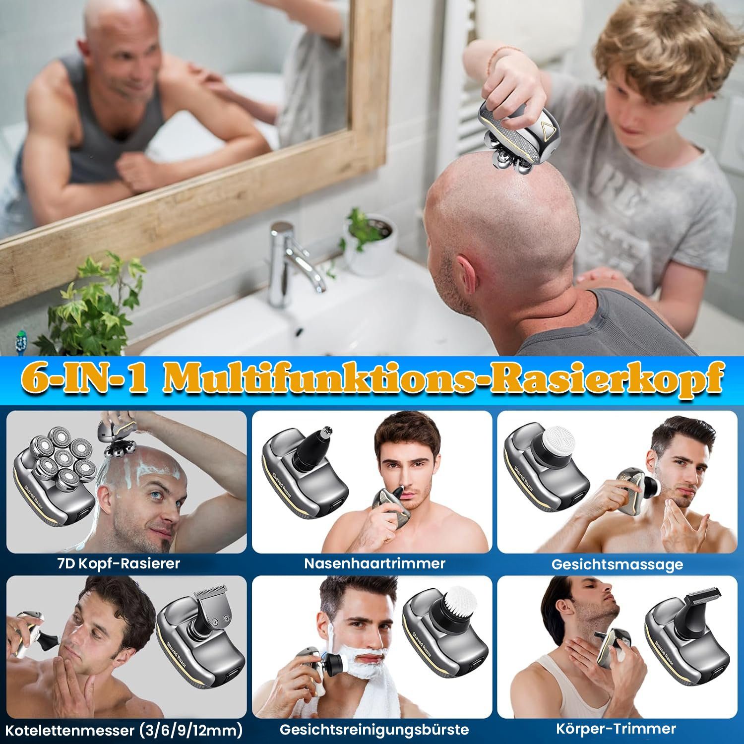 keystar Elektrorasierer 6-in-1 Rasierapparat, (3/6/9/12mm)., inklusive Rasierer Herren Präzision+Komfort, - Elektrorasierer für 7D Köpfe, glatte Gesichtspflege und mit für Weihnachtsgeschenk Haartrimmerkämme Männer Haartrimmer, 6, Wasserdichter für Wiederaufladbar, Aufsätze: 7D - Männer, Pflegeset LED-Display, Nasenhaartrimmer, Kopf- glatzköpfige Gesichtsmassage, Haarschneider Ganz Nass/Trocken, Männer und Kopfrasierer Gesichtsreinigungsbürste, Reisetasche, für mit